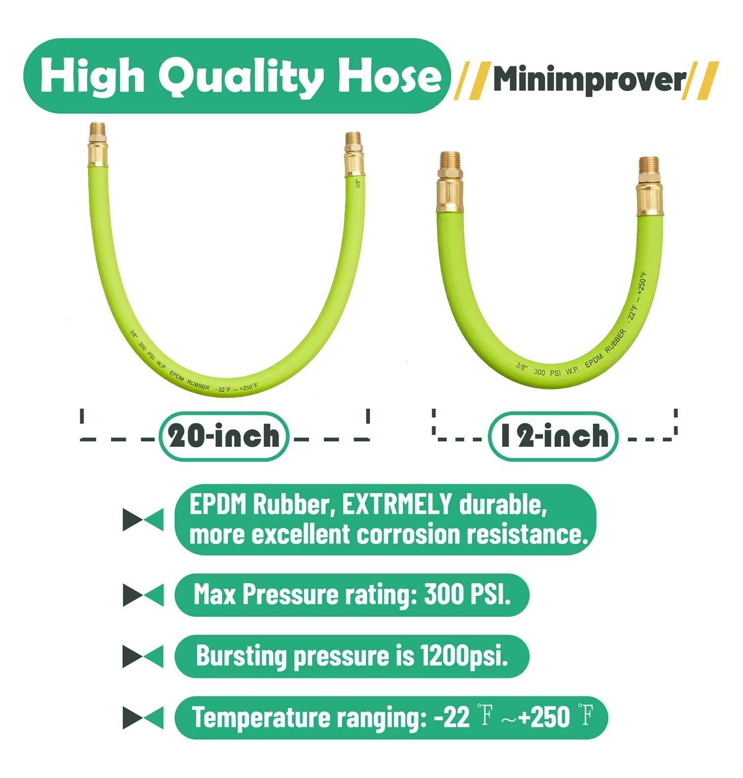 Minimprover 3/8 X 12 Inch Heavy Duty Short Air Compressor Epdm Rubber Hose 300 Psi: 1/4 Male Npt To 1/4 Male Npt Connections Wit