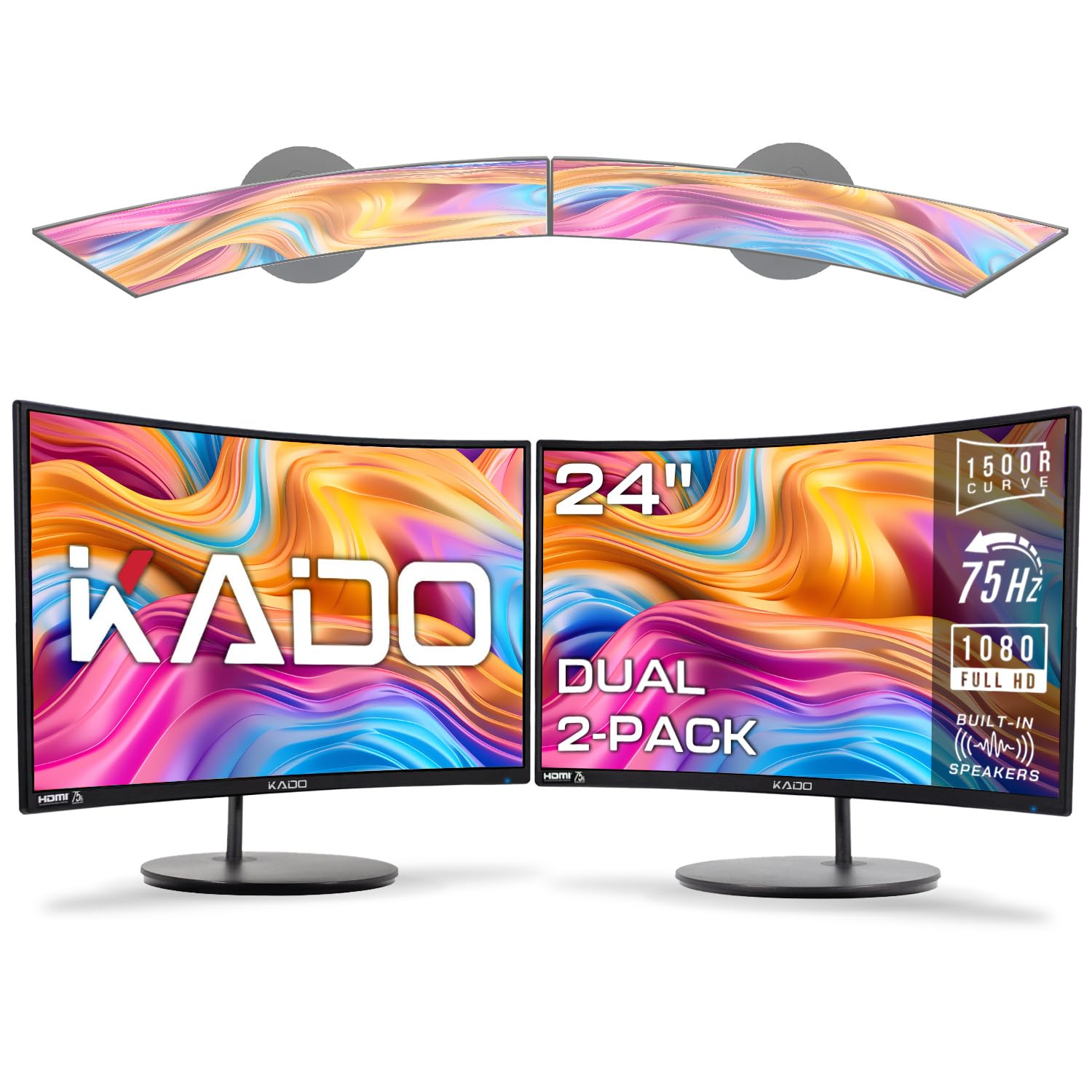 Kado Dual Monitor Setup - 2-Pack 24 Curved 1920x1080 Computer Monitor 1500R 75Hz VESA Mount HDMI Office Gaming Hybrid Built-in S
