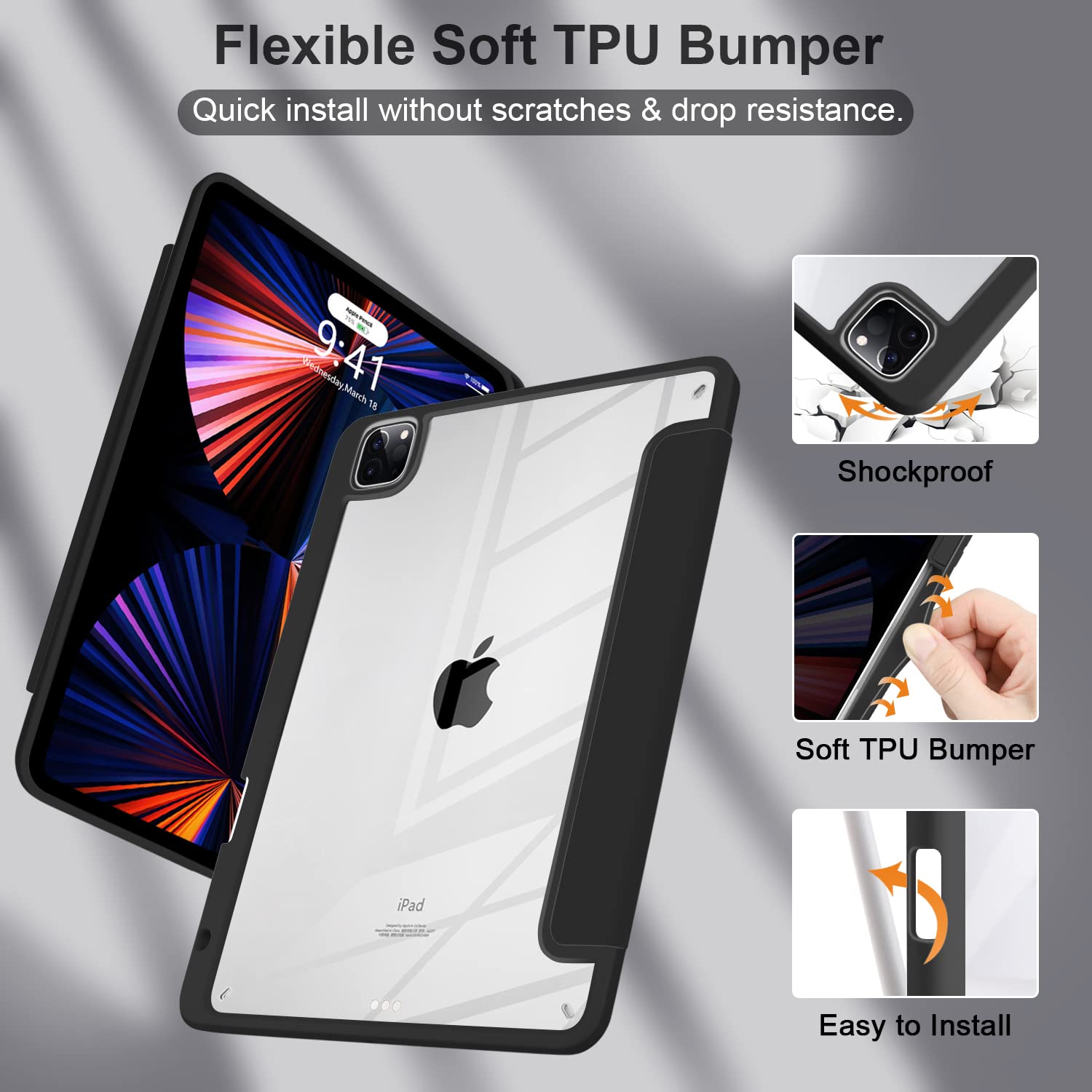 Batianda Hybrid Case For Ipad Air 13 Inch 2024 /Ipad Pro 12.9 Inch 2022 M2 2021 5Th / Ipad Pro 12.9' 4Th/3Rd Gen [Built In Pencil Holder] Shockproof Cover With Clear Back Shell Tpu Bumper, Cats