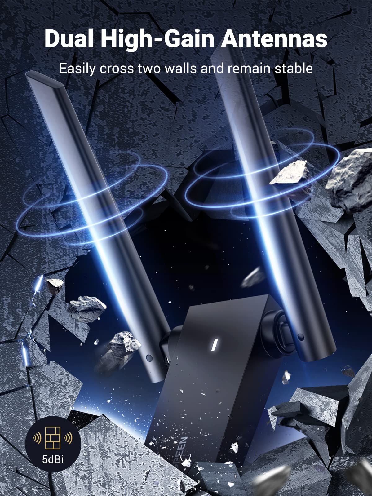 Ugreen Usb Wifi Adapter, Wifi Adapter With Ac1300 5Dbi High Gain Dual Antennas, 5G/2.4G Dual Band, 164Ft Wide Range, Usb 3.0 Wif