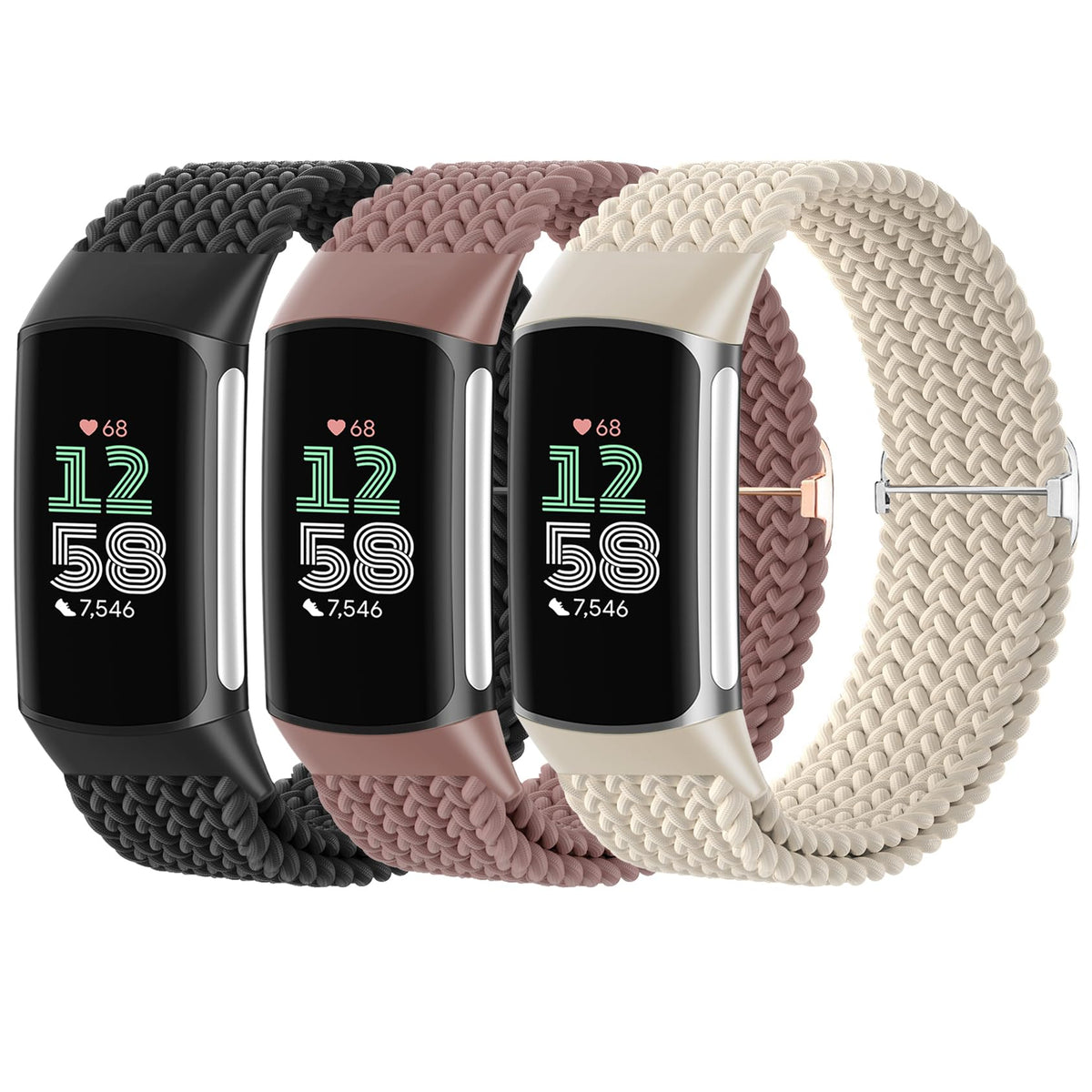 Braided Solo Loop Bands Compatible With Fitbit Charge 6/Charge 5, 3 Pack Adjustable Stretchy Wristbands Soft Woven Nylon Replace
