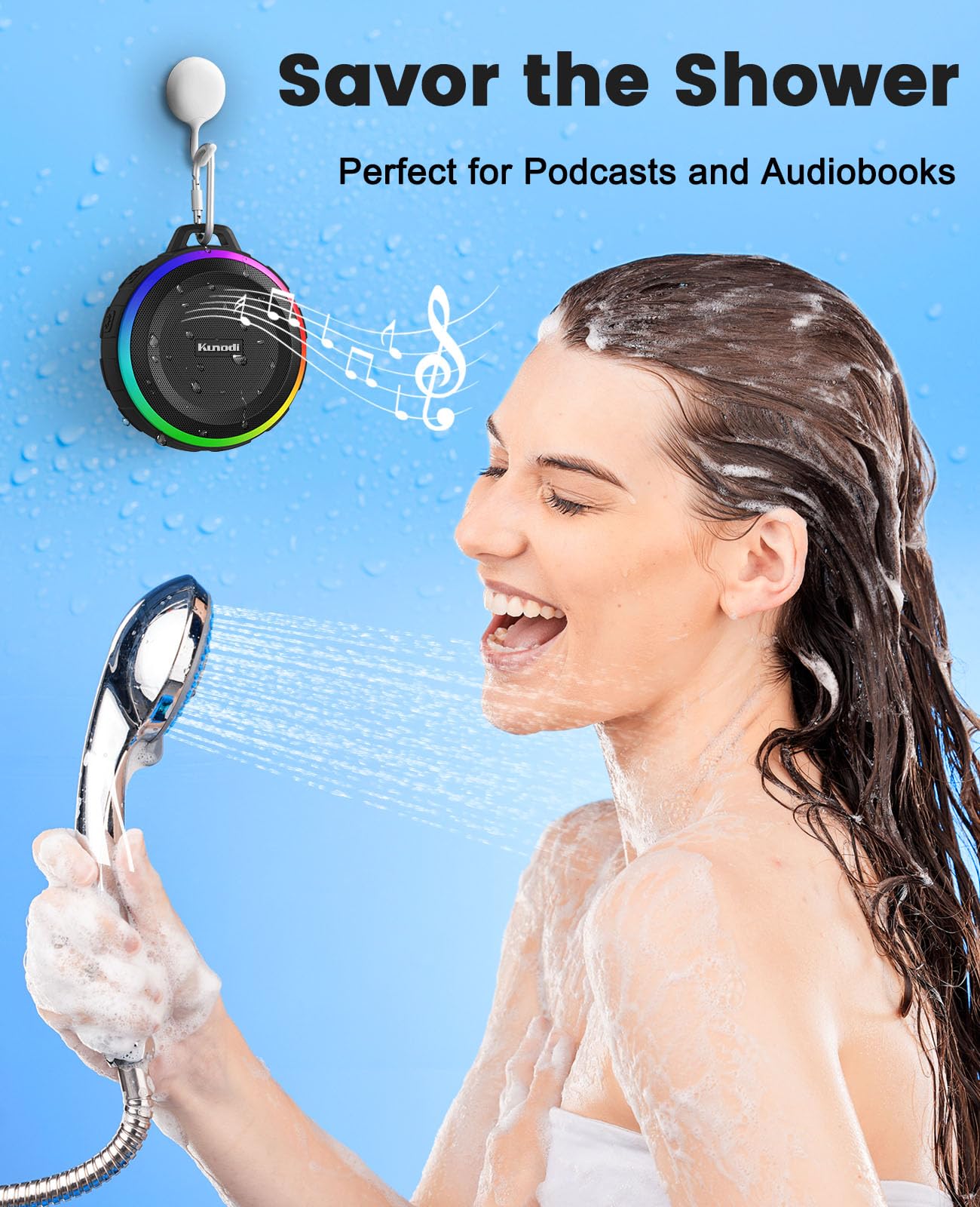 Kunodi Bluetooth Shower Speaker With Ipx7 Waterproof, Dynamic Lights, Crisp Clear Sound, True Wireless Stereo, Clip Portable For Pool Beach Boat Kayak Float Golf Gift