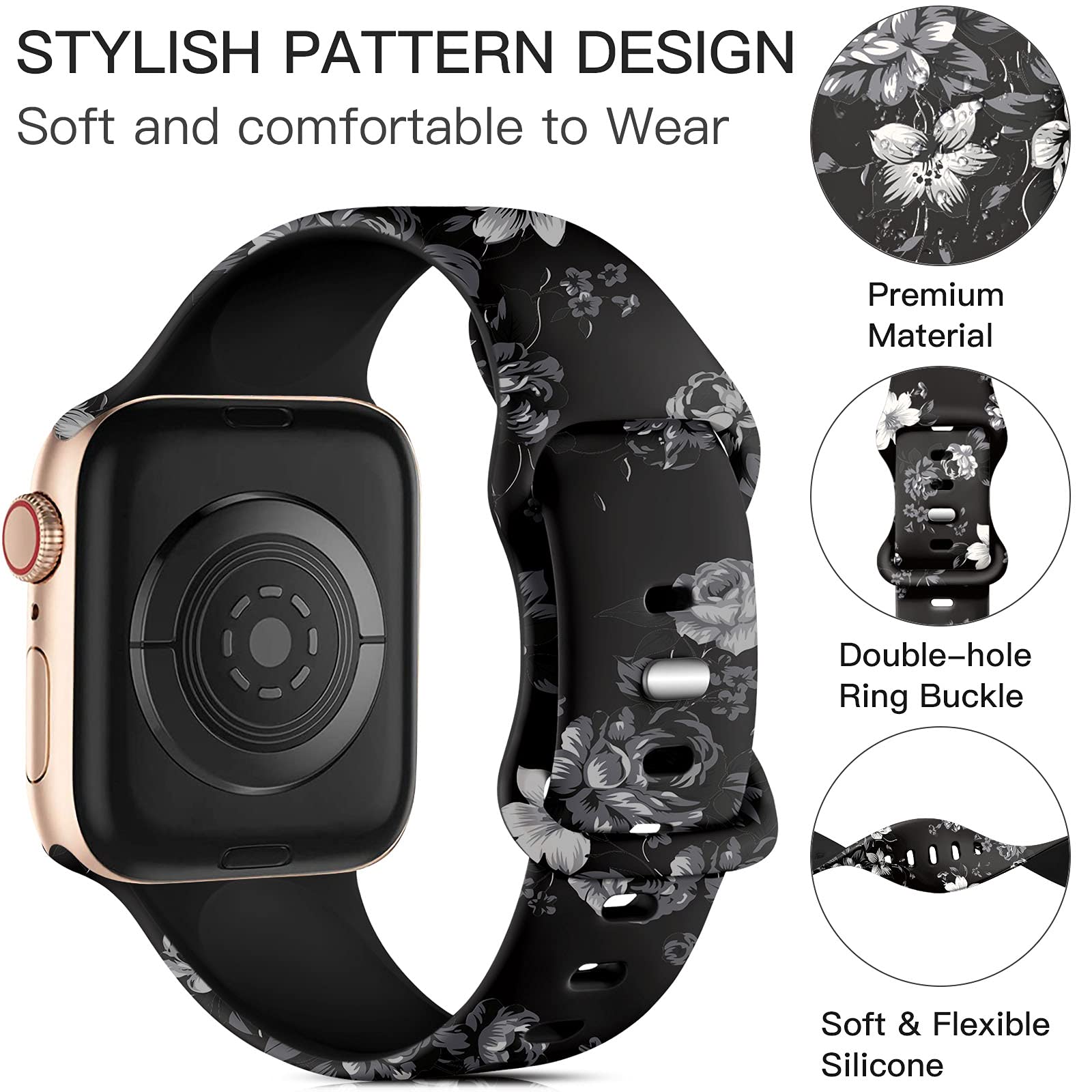 Lerobo Floral Bands Compatible With Apple Watch Band 41Mm 40Mm 38Mm For Women Girl, Fadeless Cute Floral Pattern Printed Silicon