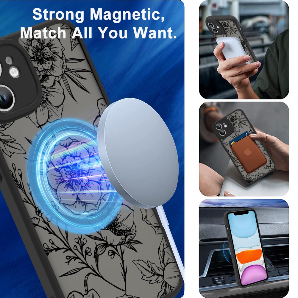 Ook Magnetic For Iphone 11 Case Black Flower Floral Pattern [Compatible With Magsafe] Slim Translucent Matte Camera Lens Protect
