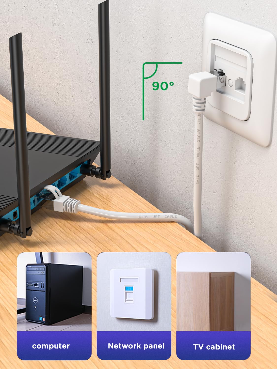 Juxinice 2Pack 90 Degree Cat6 Ethernet Cable White 10Ft Up Angle, Cat 6 Right Angle Ethernet Patch Cable Gigabit Rj45 Network Cable,Bandwidth Up To 250Mhz 1Gbps