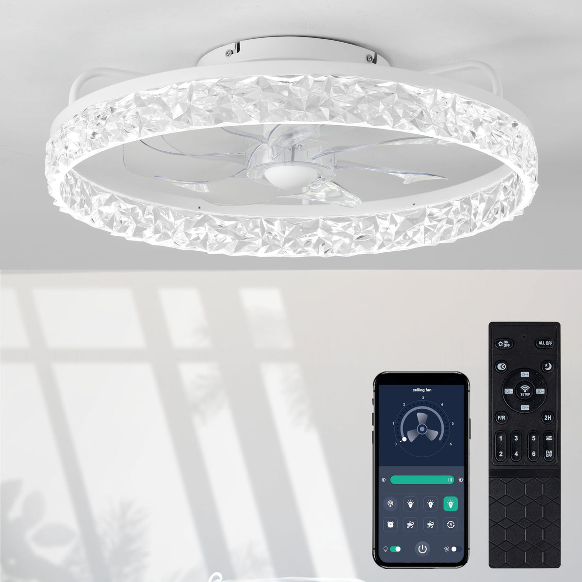 Zouzai Ceiling Fans With Lights, 20'' Flush Mount Ceiling Fan With Remote & App Control, Black Low Profile Ceiling Fan With 6 Wi