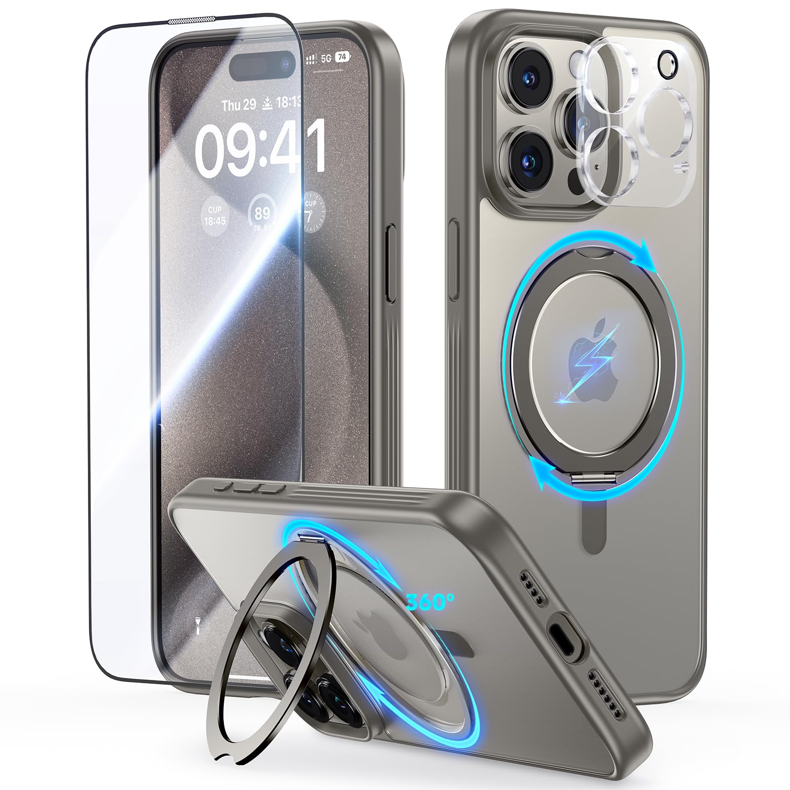 Jueshituo For Iphone 15 Pro Case: 360Rotatable Magnetic Ring Stand & Holder With [Rotary Damping Sound], Fit For Magsafe, Milita