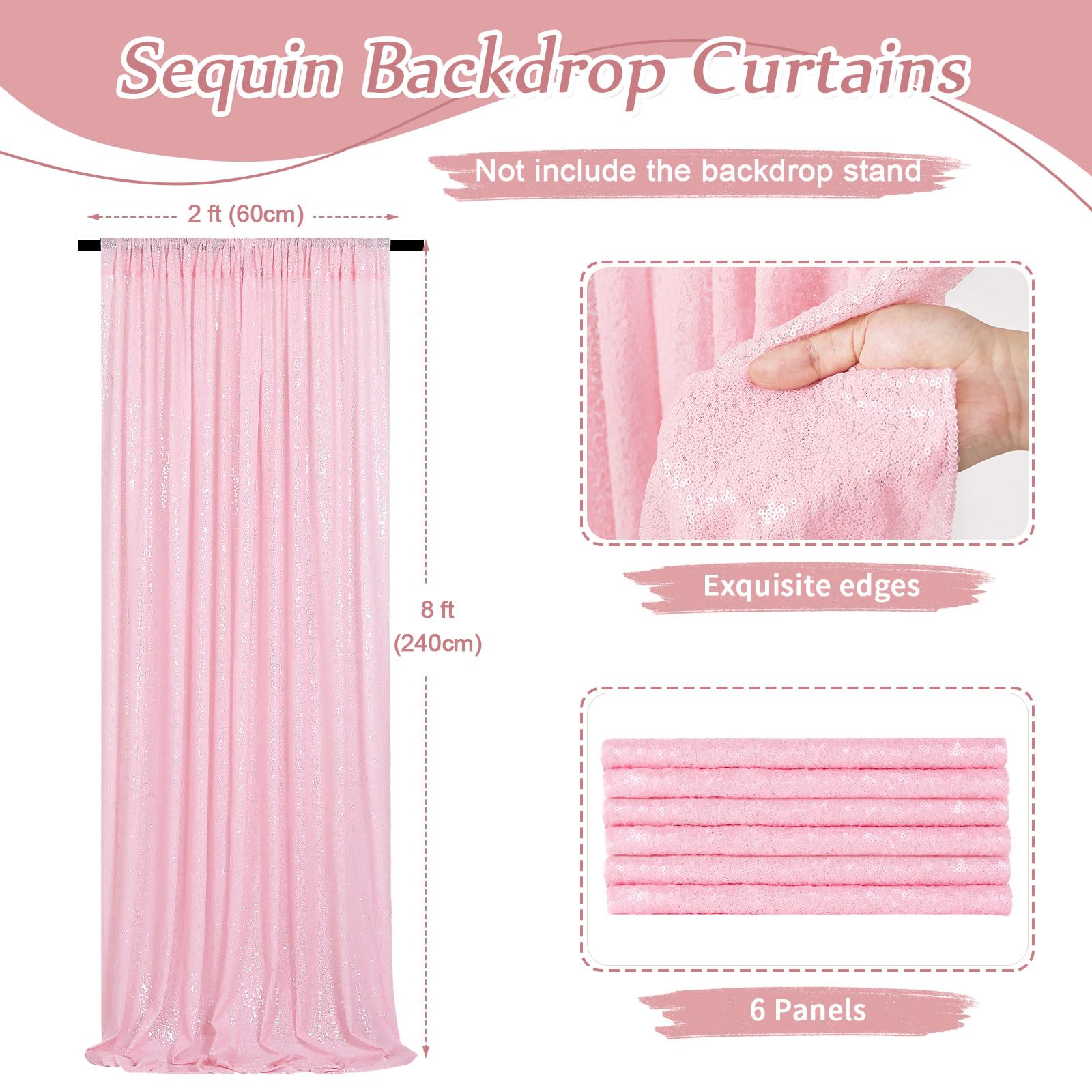 Pink Sequin Curtains 6 Pcs 2Ftx8Ft Sequin Photo Backdrop Wedding Glitter Fabric Backdrops Birthday Party Cake Table Background C
