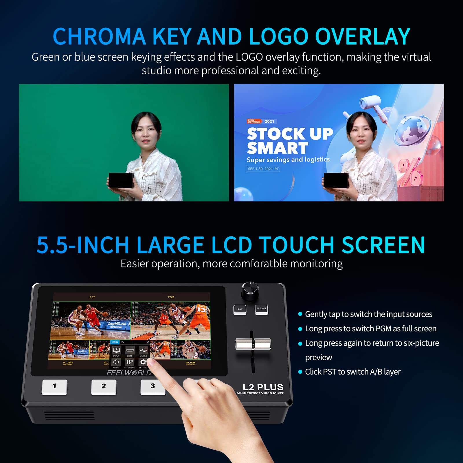 Feelworld L2 Plus Multi Camera Video Mixer Switcher With 5.5 Inch Lcd Touch Screen Ptz Controller Chroma Key 4 Hdmi Inputs Usb3.
