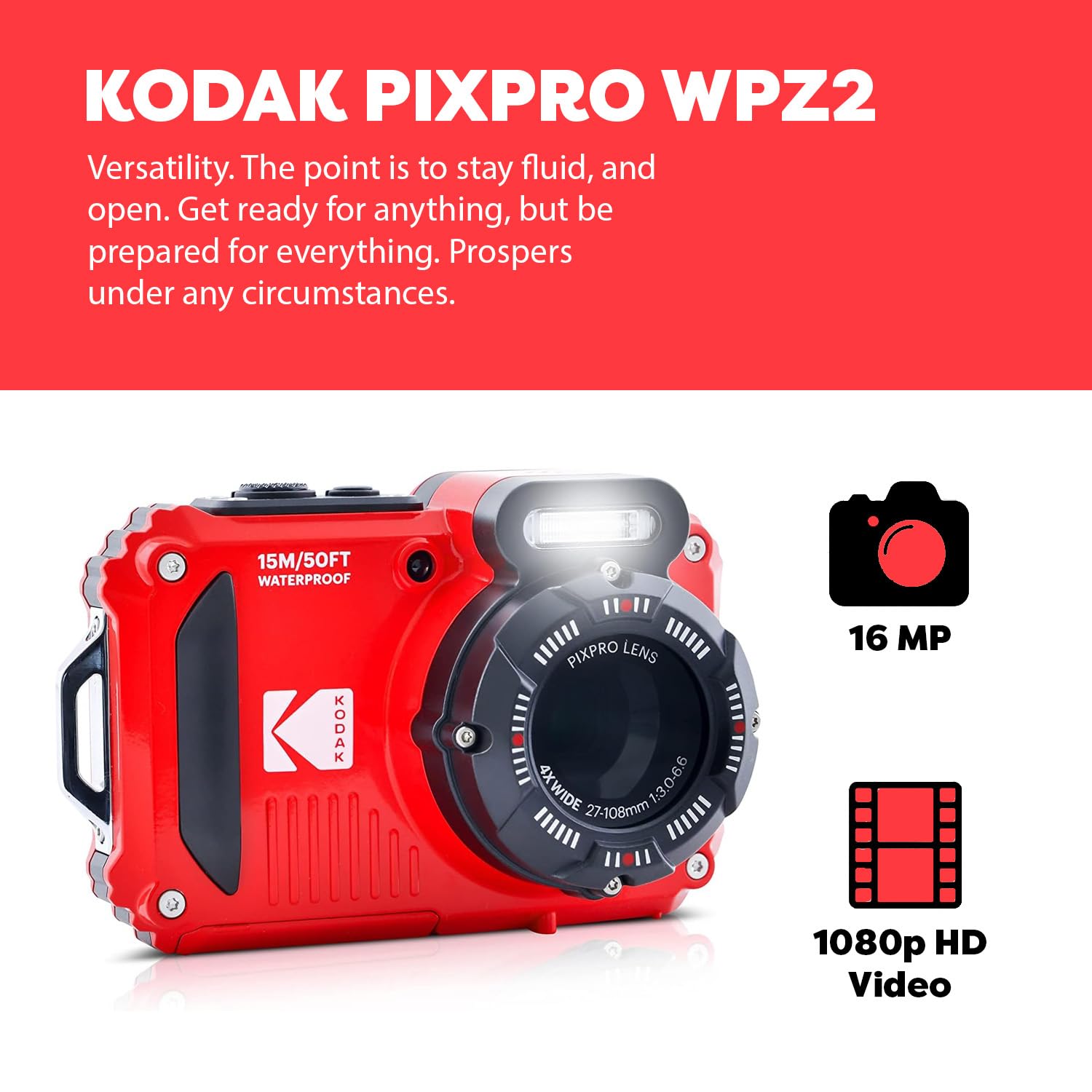 Kodak Pixpro Wpz2 Rugged Waterproof Shockproof Digital Camera 16Mp 4X Optical Zoom 1080P Full Hd Video, 2.7'' Lcd (Red) Bundle W