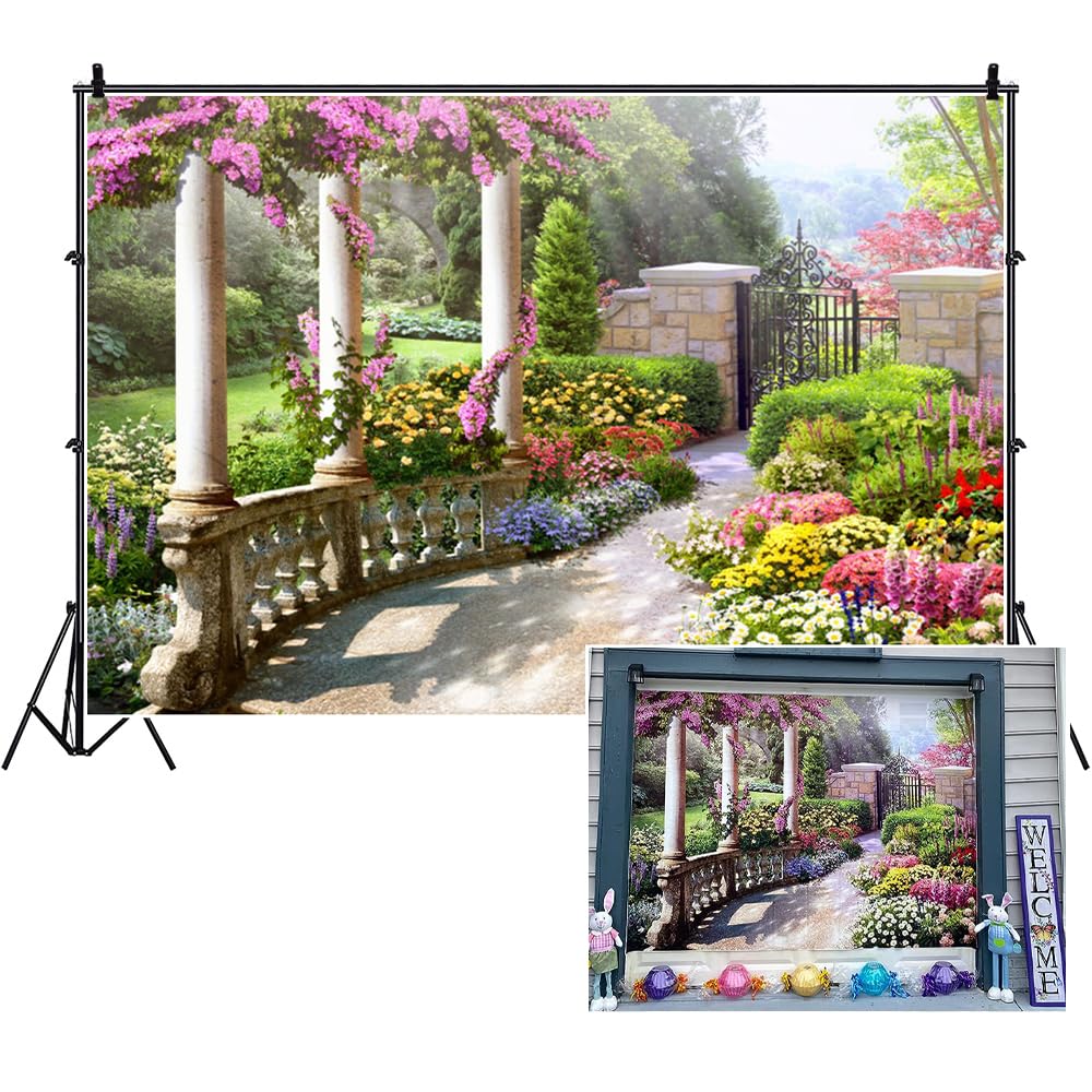 Dorcev 6X4Ft Spring Beautiful Garden Photography Backdrop Vintage Garden Architecture Pillars Blooming Flowers Background Outdoo