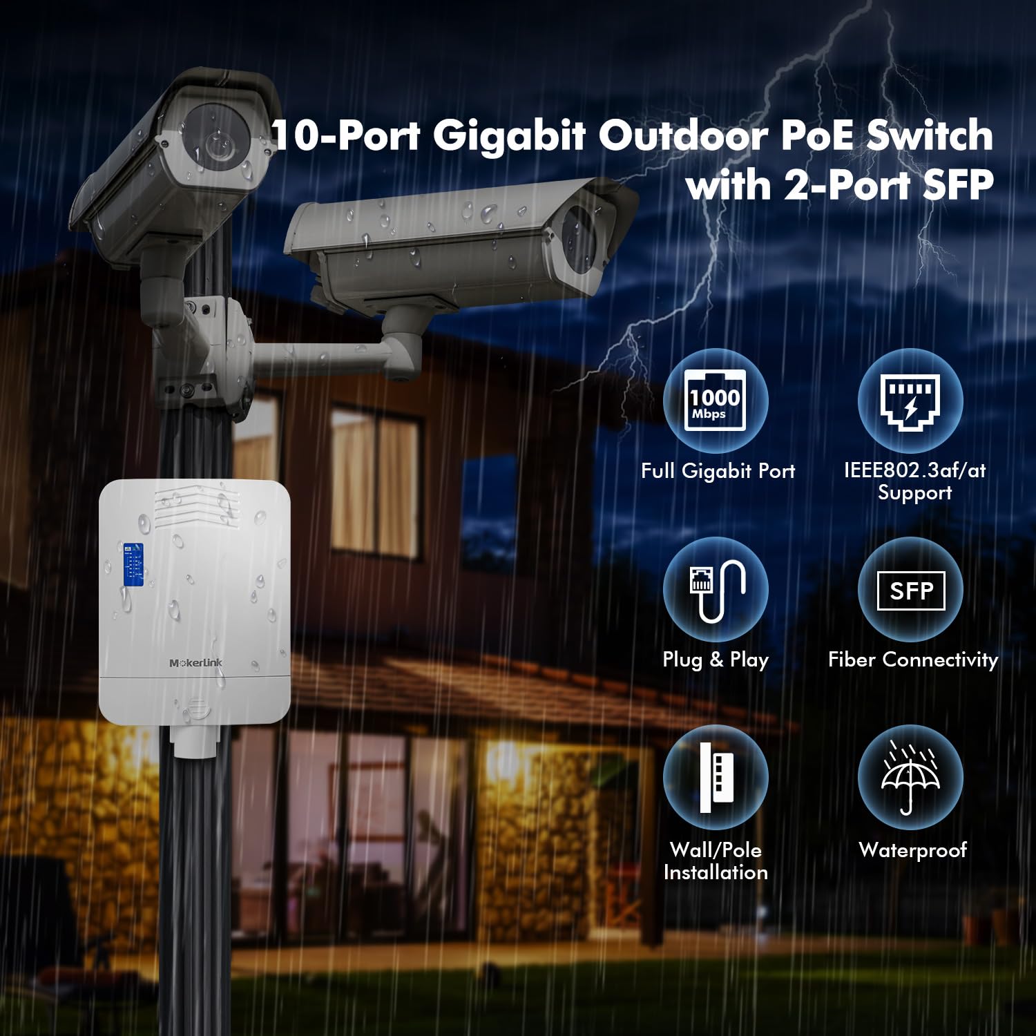 Mokerlink Outdoor 10 Port Gigabit Poe Switch, 8 Gigabit Poe, 2 Gigabit Sfp, 96W Ieee802.3Af/At, Ip65 Weatherproof Plug & Play Ne