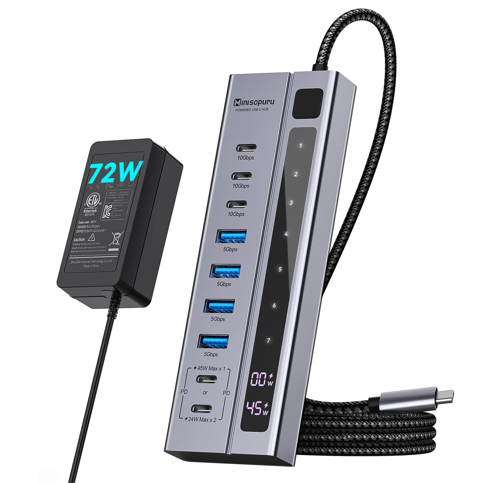 Minisopuru Powered Usb C Hub   Support Max 45W Charging With 72W Power Adapter, 10Gbps Data Transfer, Usb C To Usb C Hub Chargin