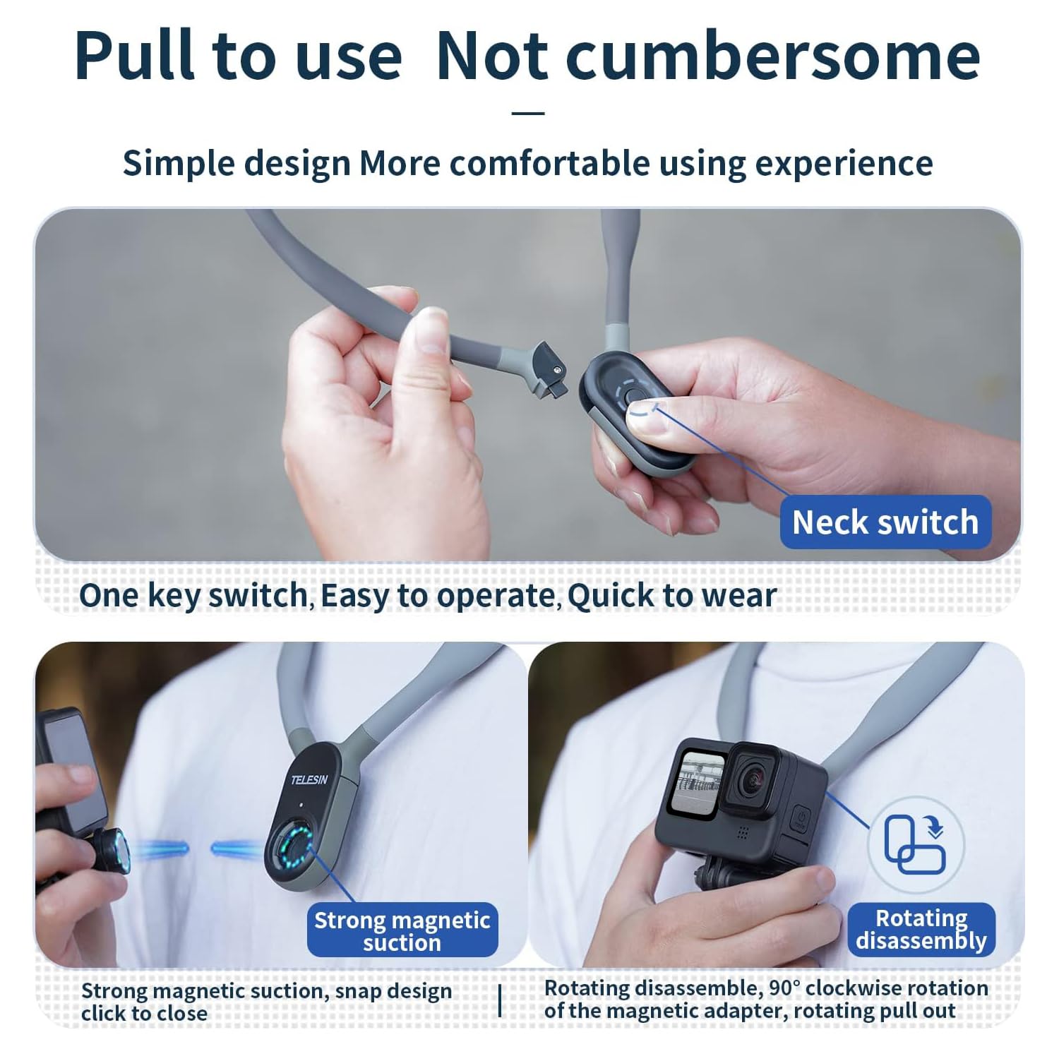 Telesin Plus Magnetic Neck Mount Necklace Holder, Chest Head Shoulder Lanyard Strap Body Clip For Gopro 13 12 11 10 9 8 Insta360 X3 X4 Go3 Dji Action 3 4 5 Pro Osmo Pocket 3 Bike Motorcycle Accessory