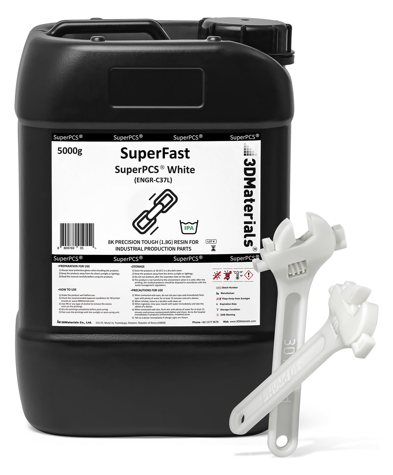 SuperPCS 3D Printer Resin, Toughest and Fastest, 50um 1.8GPa Print in 1.5 sec, Made in Korea by 3DMaterials (5000g, White)