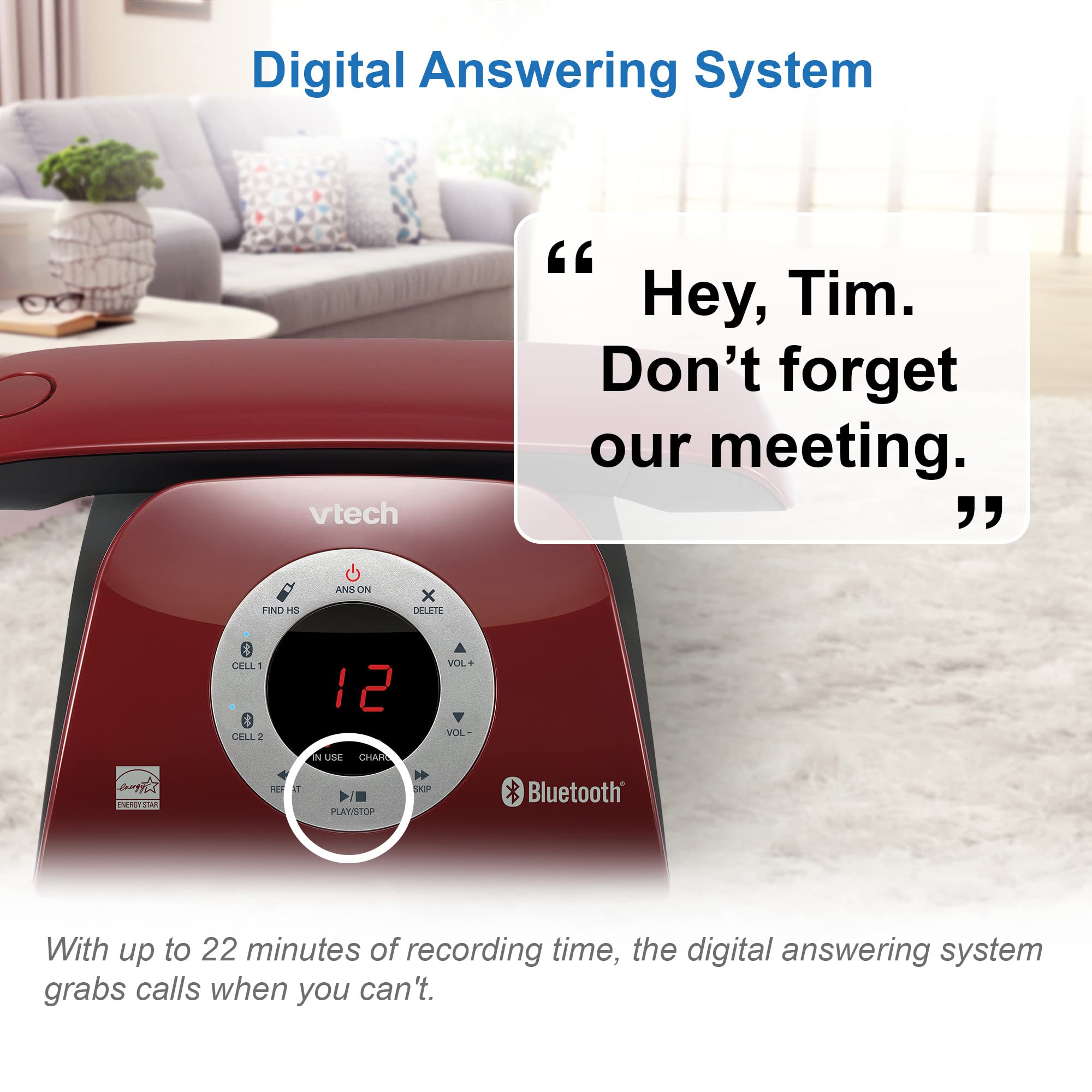 Vtech Vs122-16 Retro-Design Cordless Phone: Bluetooth Connect To Cell, Call Blocker, Answering System, Full-Duplex Speakerphone