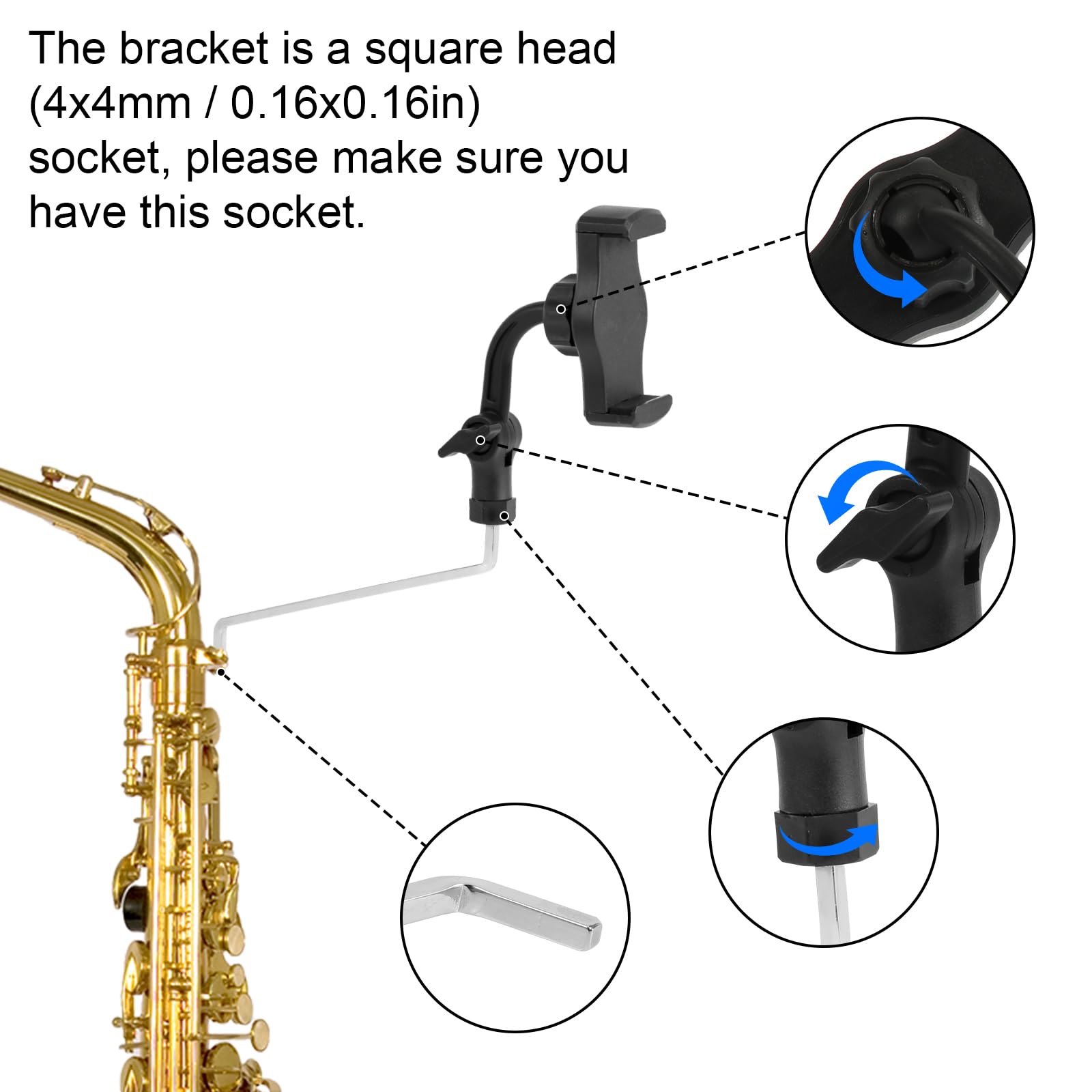 Alto Saxophone Phone Holder, Sax Lyre Music Clip 4Mm Square Head Saxophone Phone Mount To Fix Your Phone Securely Easy To Read M