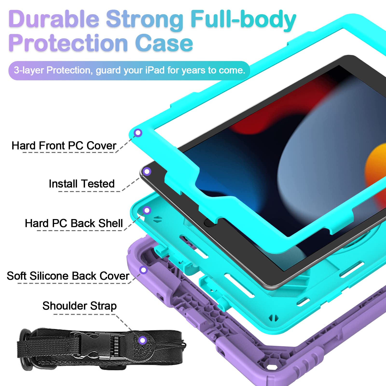 Bmouo Ipad 9Th/8Th/7Th Generation Case, Ipad 10.2 Case, Shockproof 360 Rotating Stand Shoulder Hand Strap Ipad 9Th/8Th/7Th Gen C