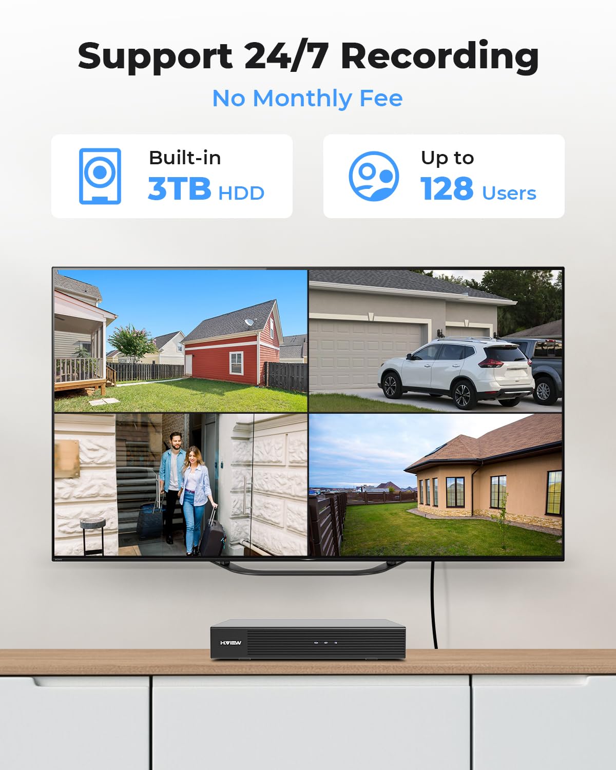 H.View 4K Security Camera System, 4Pcs H.265 Poe Wired Turret 4K Cameras With Person Ai Detection, 4K 8Ch Poe Nvr With 3Tb Hdd F