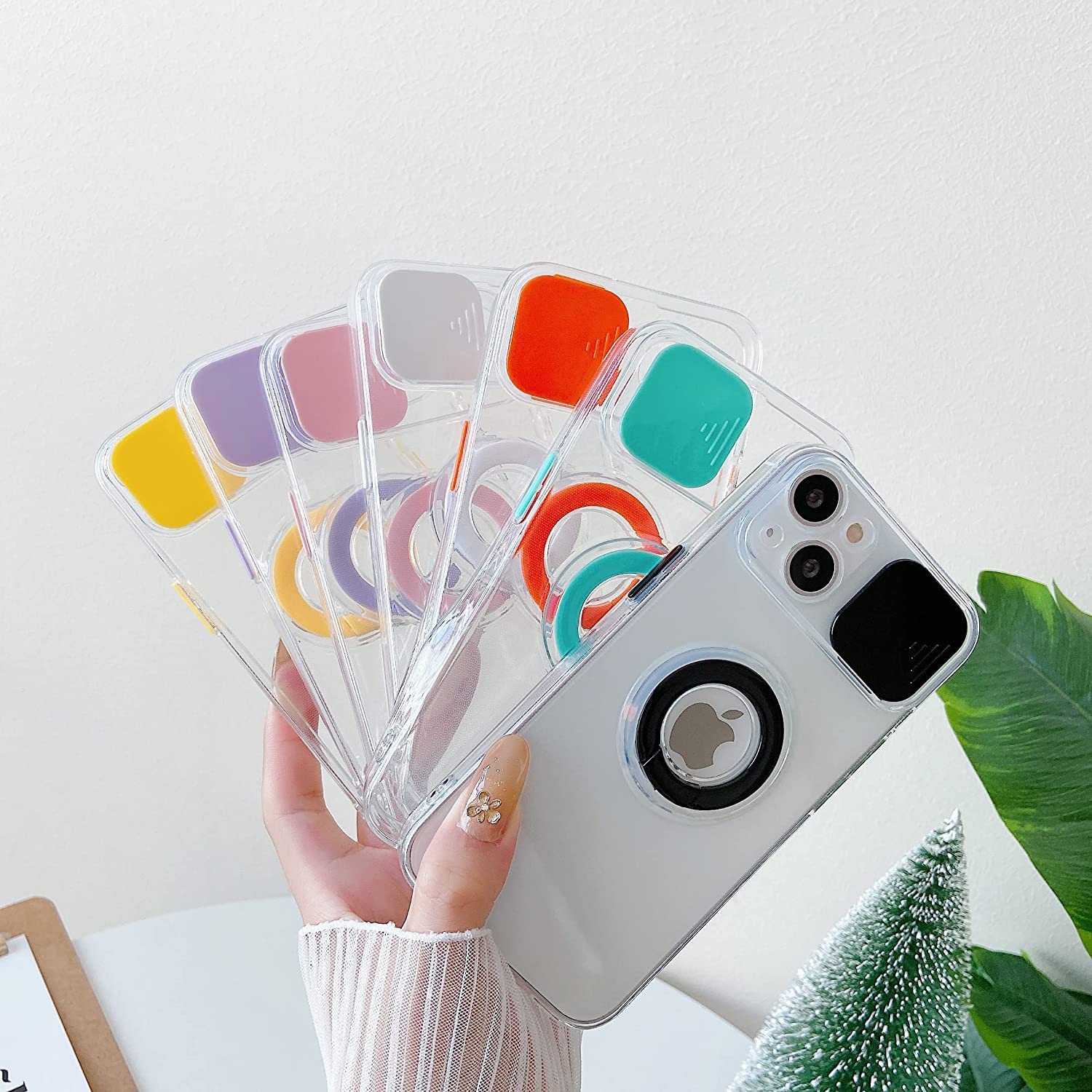 Caseative Candy Color Ring Holder Slide Lens Camera Cover Protection Clear Soft Compatible With Iphone Case (Mint,Iphone 14)