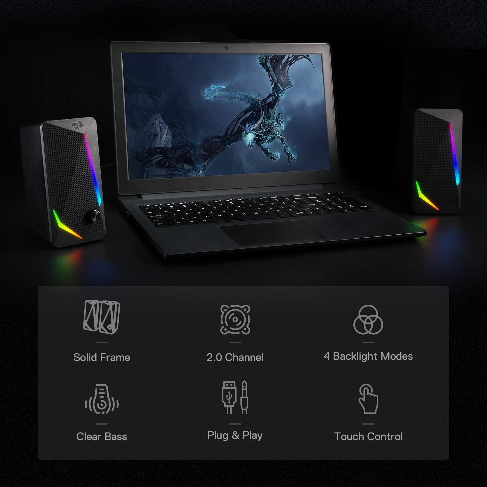 Redragon Gs510 Rgb Desktop Speakers, 2.0 Channel Pc Computer Speaker With 4 Colorful Led Backlight Modes, Enhanced Bass And Easy