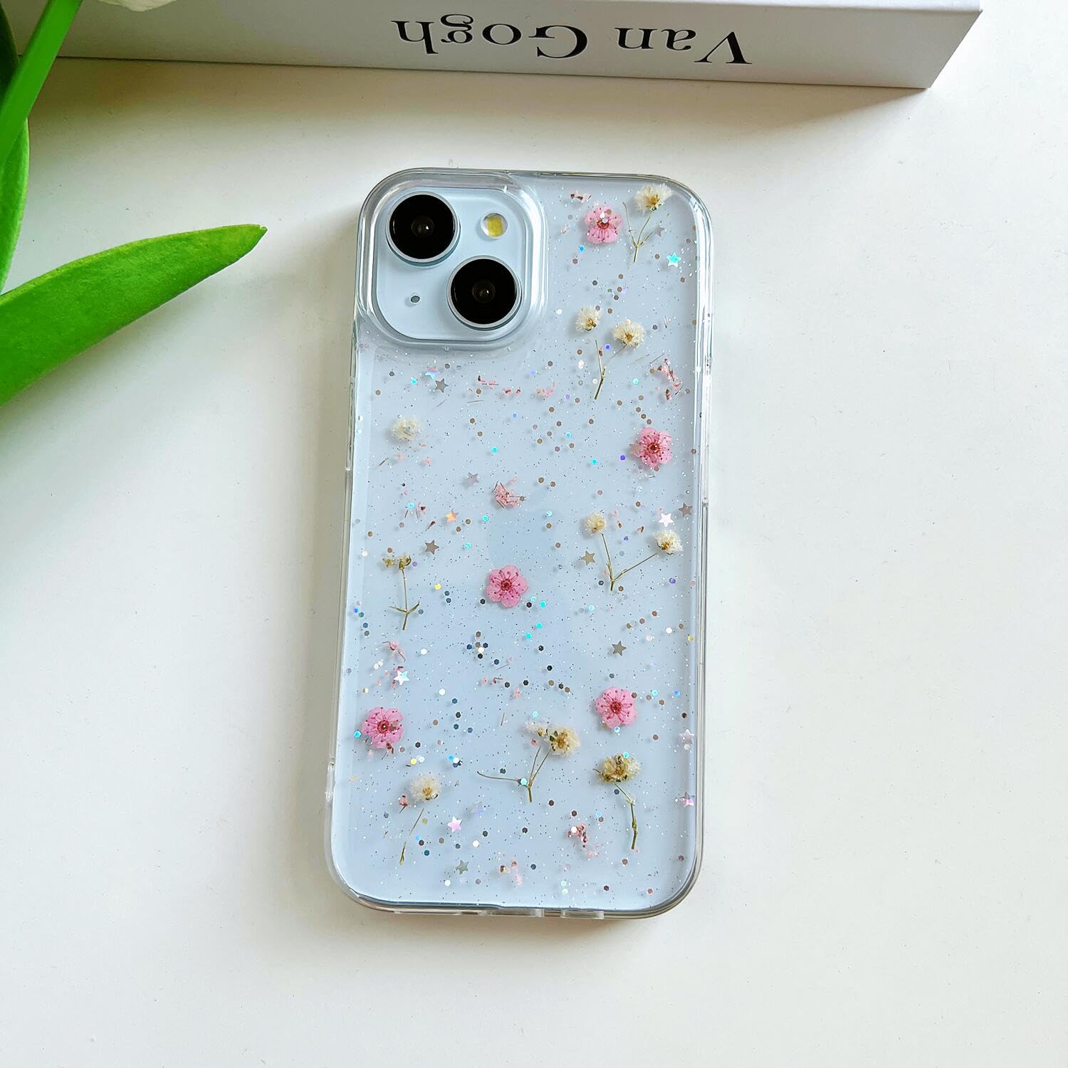 Lseeka For Iphone 14 Plus/Iphone 15 Plus Clear Case With Pressed Real Flowers Design,Glitter Cute Pink Floral Pattern Slim Soft