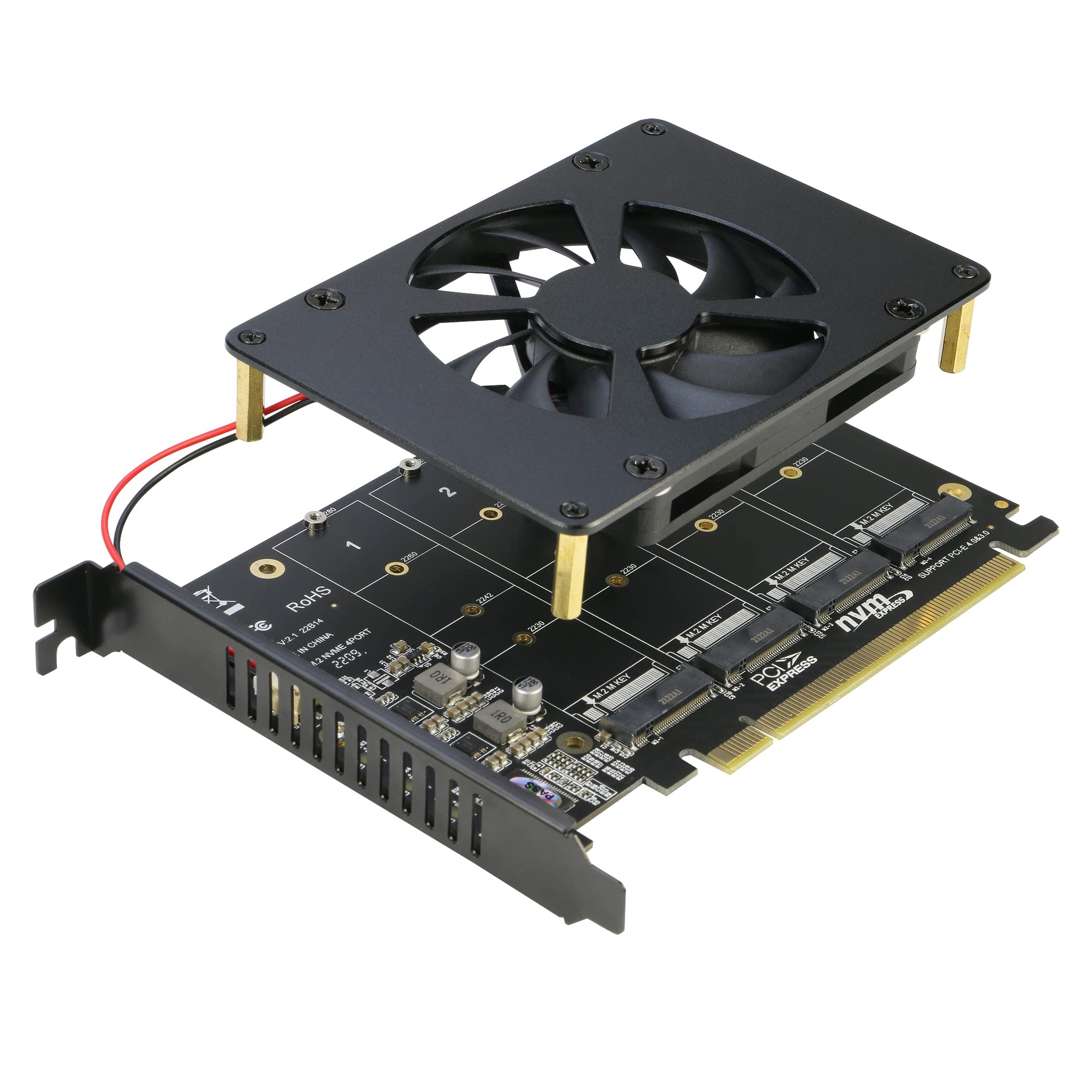 Quad NVMe PCIe Adapter, RIITOP 4 Ports M.2 NVMe SSD to PCI-e 4.0/3.0 x16 Card with Fan Support 2280/2260/2242/2230 NVMe SSD (PCI