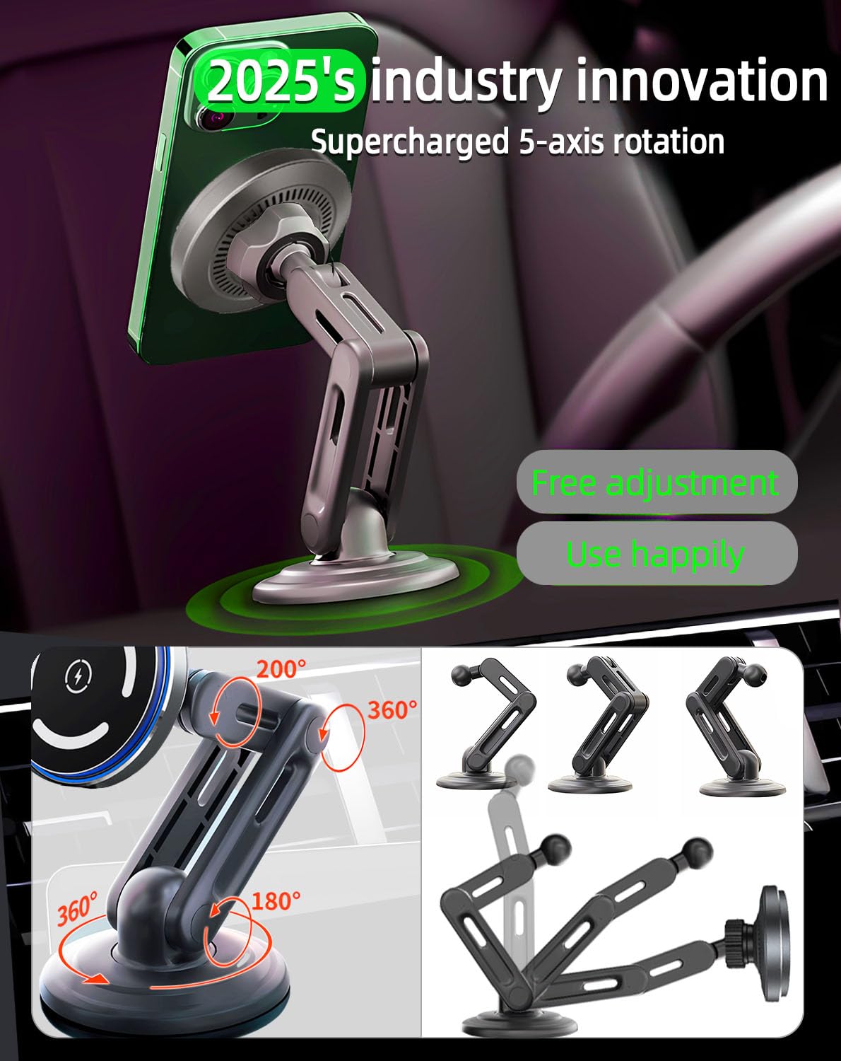 Wckesi For 15W Magsafe Car Mount Charger, Qi2 Ultra Strong Magnet Phone Holder,?Three-Fold Rotation? Led Magnetic Wireless Car C