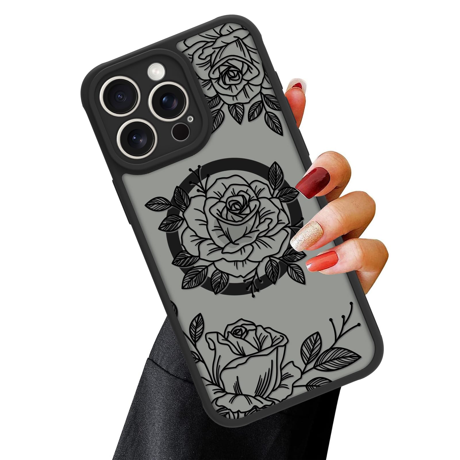 Ook Magnetic For Iphone 15 Pro Max Case Black Flower Floral Pattern [Compatible With Magsafe] Slim Translucent Matte Camera Lens
