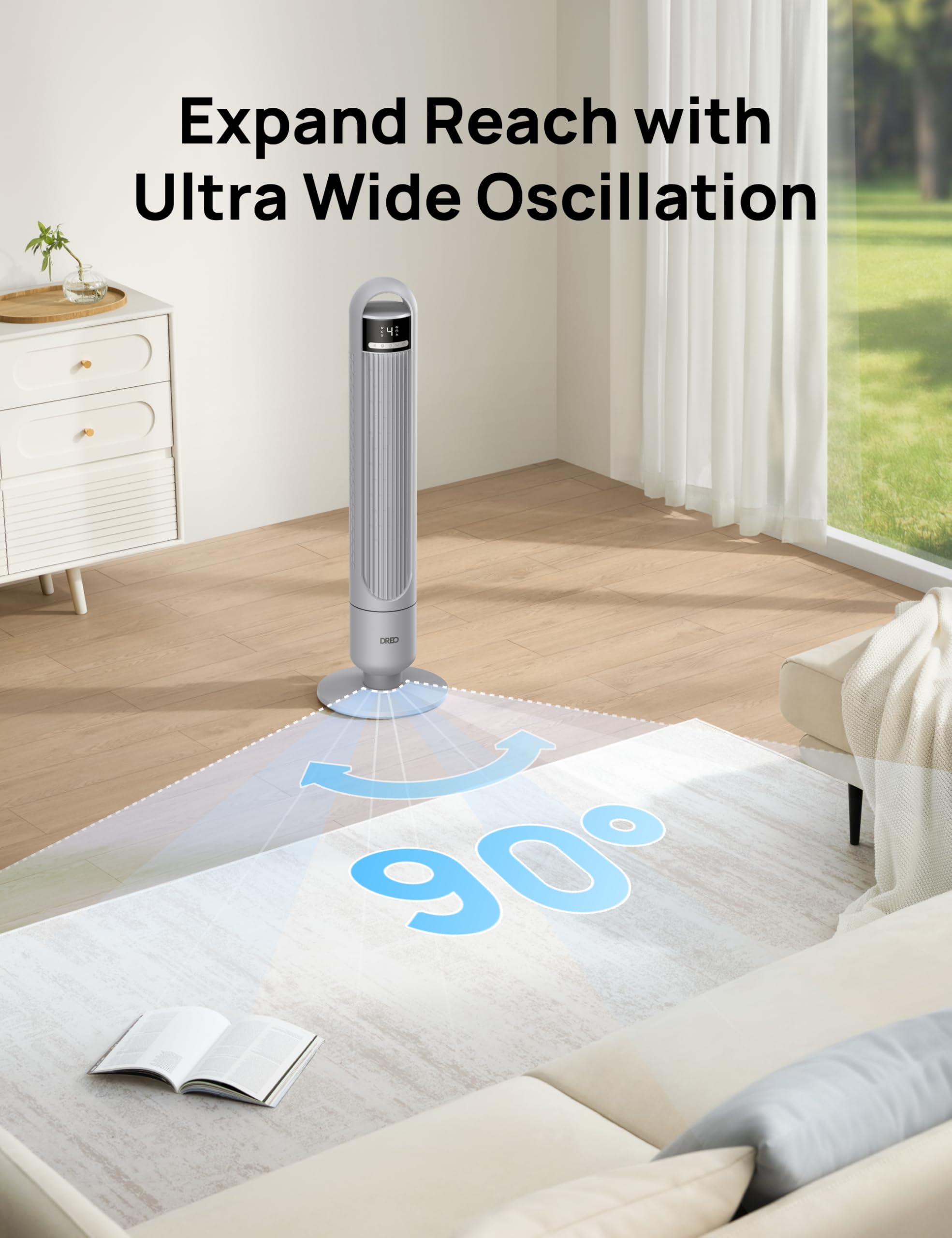 Dreo Tower Fan For Bedroom, 90 Oscillating Fan, Standing Fan With 3 Modes, 4 Speeds, 8H Timer Cooling Fans For Home, Living Room