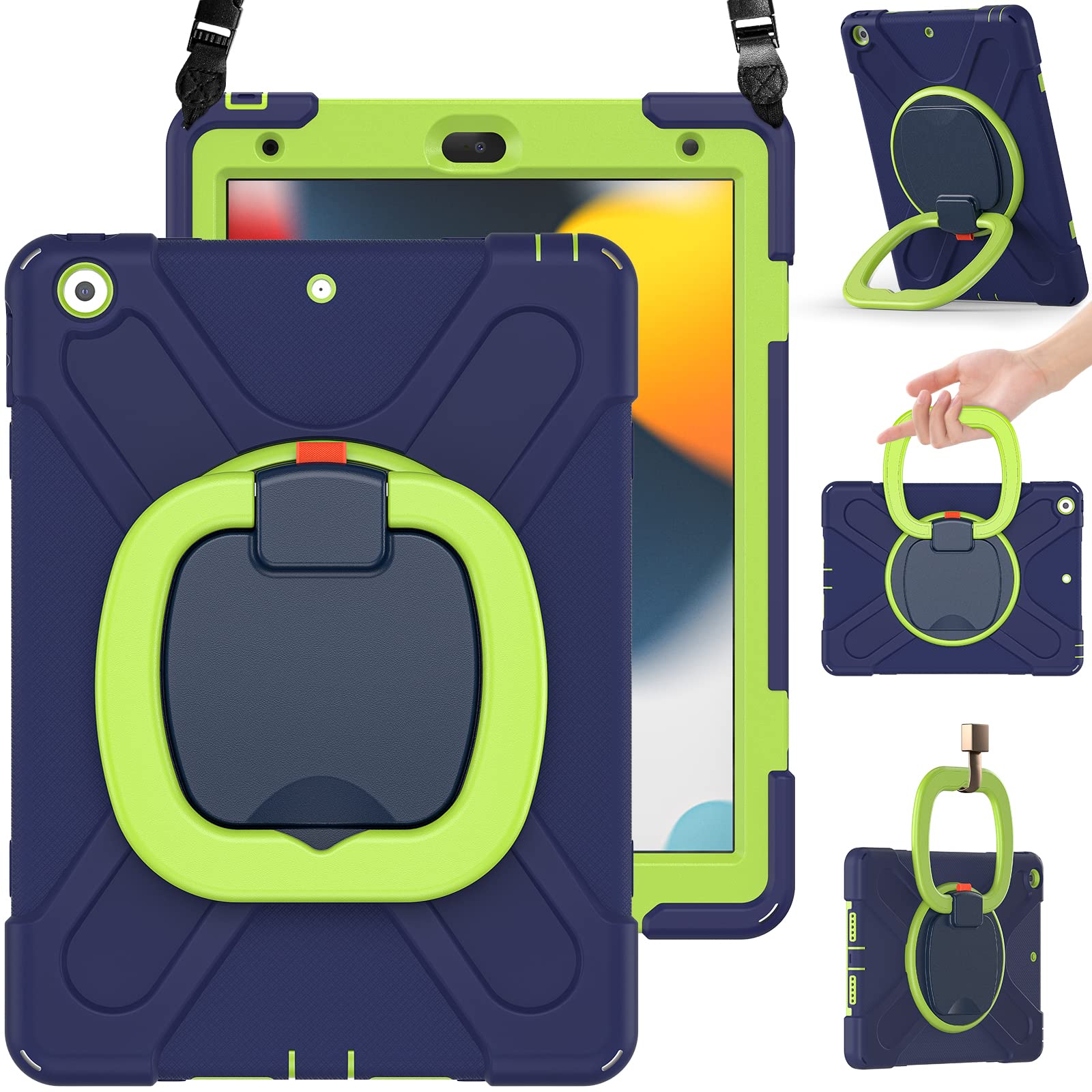 Braecn Kids Shockproof Hard Case For Ipad 10.2 Navy+Green, With Anti Scratch Screen Protector, Pencil Holder, Carrying Strap, An