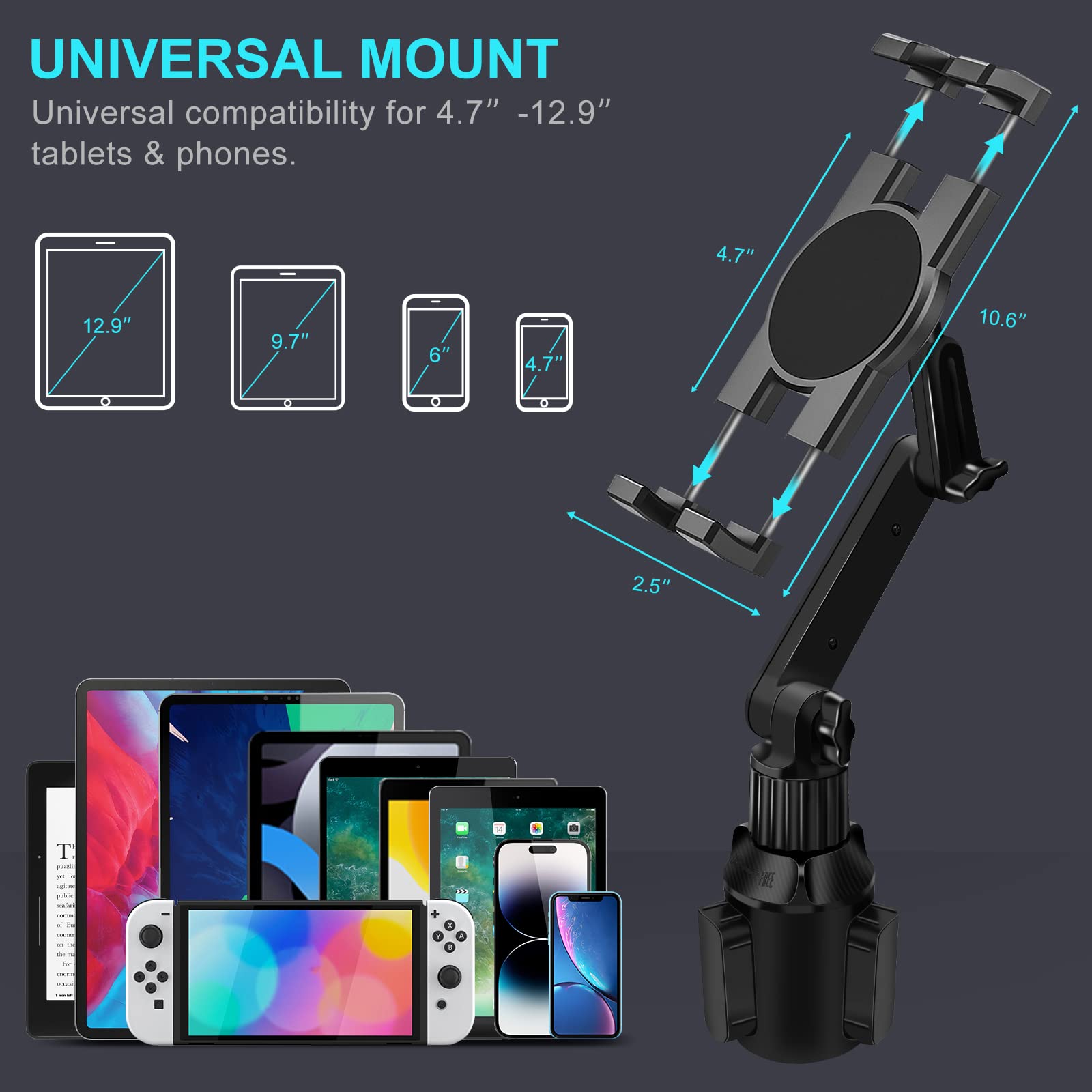 Cup Holder Car Tablet Mount For Truck, 360 Adjustable 15'' Long 2 Arm Stand Holder For Ipad Pro 12.9/11/10.5/9.7/Air/Mini 6/5/4,