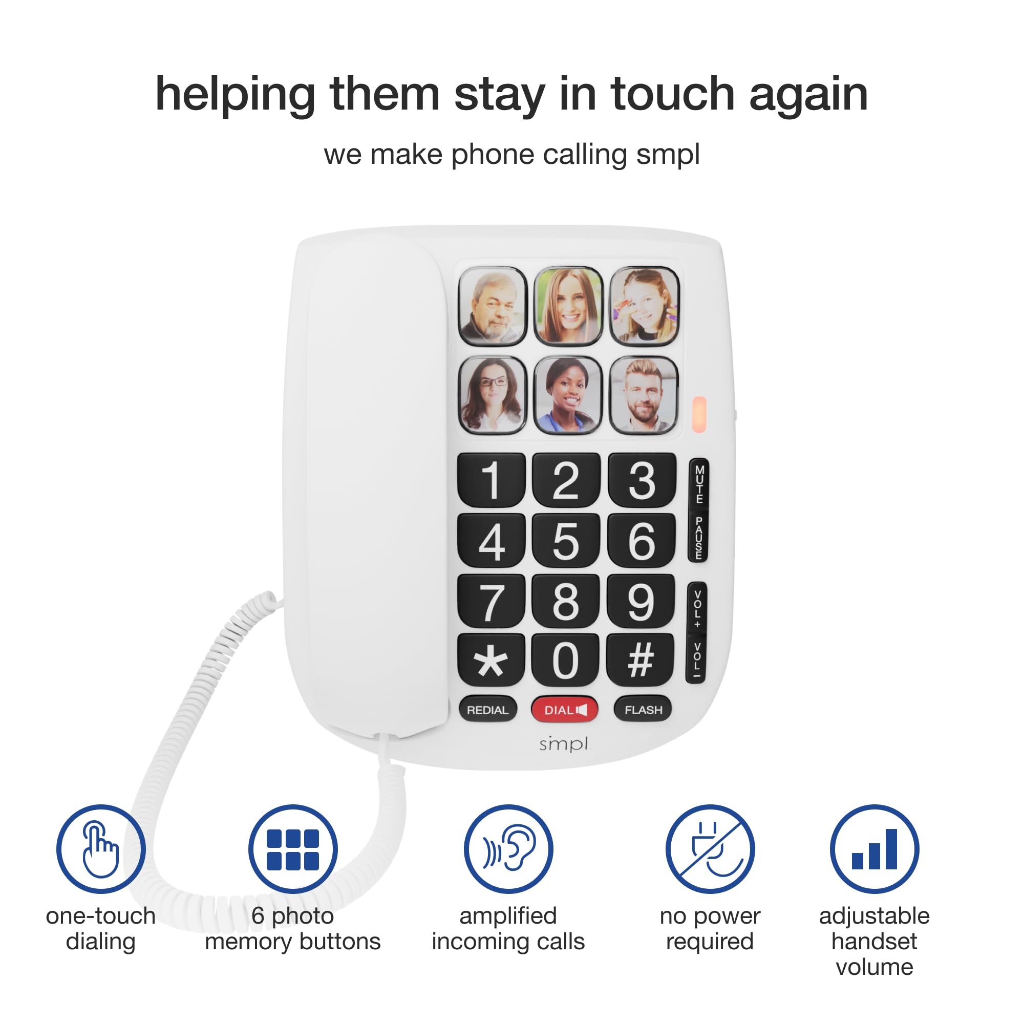 Smpl Hands Free Dial Corded Phone With Photo Memory, One Touch Dialing, Large Buttons, Flashing Alerts   For Seniors, Hearing Impaired #56010