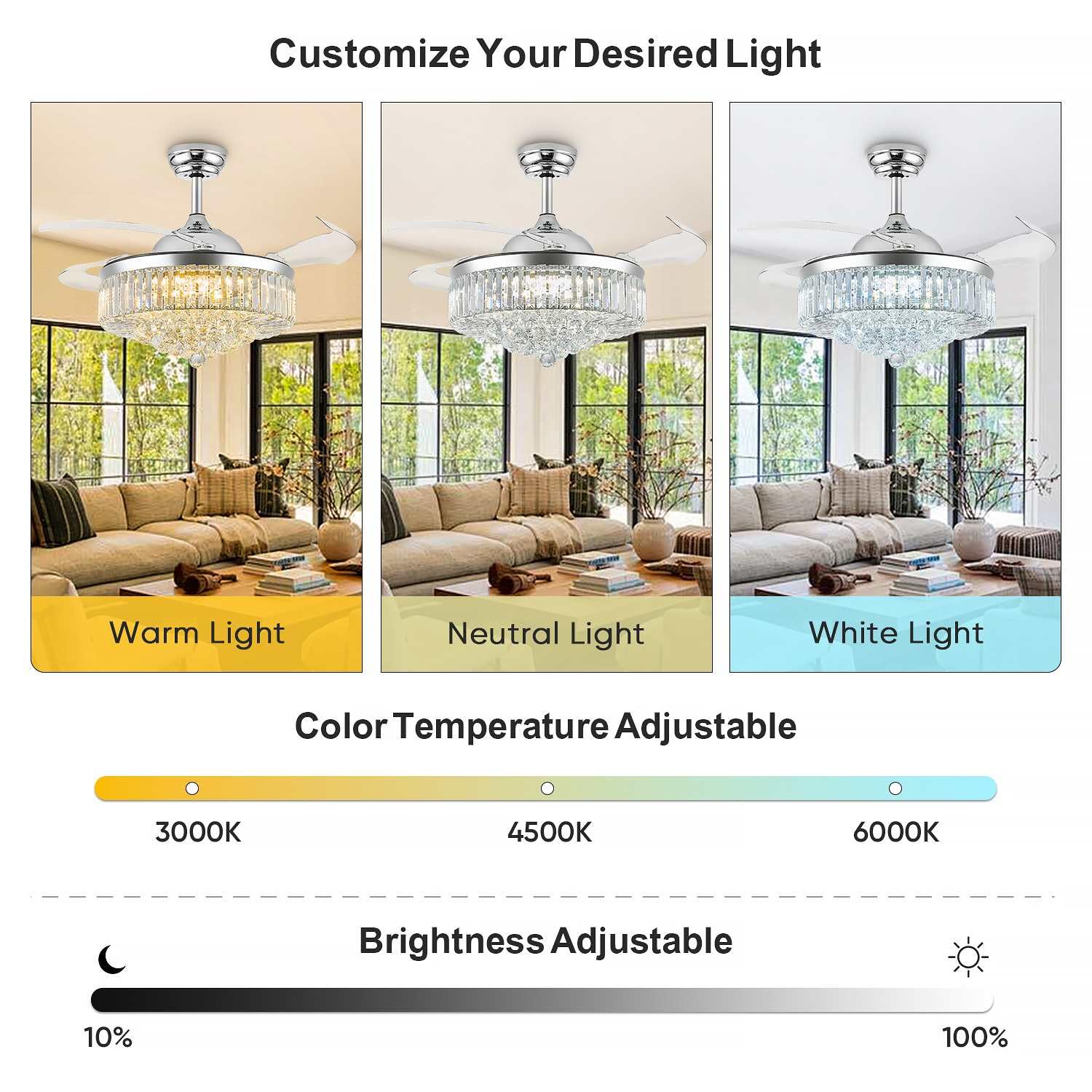 Deliyfans 42 Inch Chandelier Ceiling Fan, Fandelier Ceiling Fan With Light Crystal Ceiling Fan, Fandelier For Bedroom, Living Ro