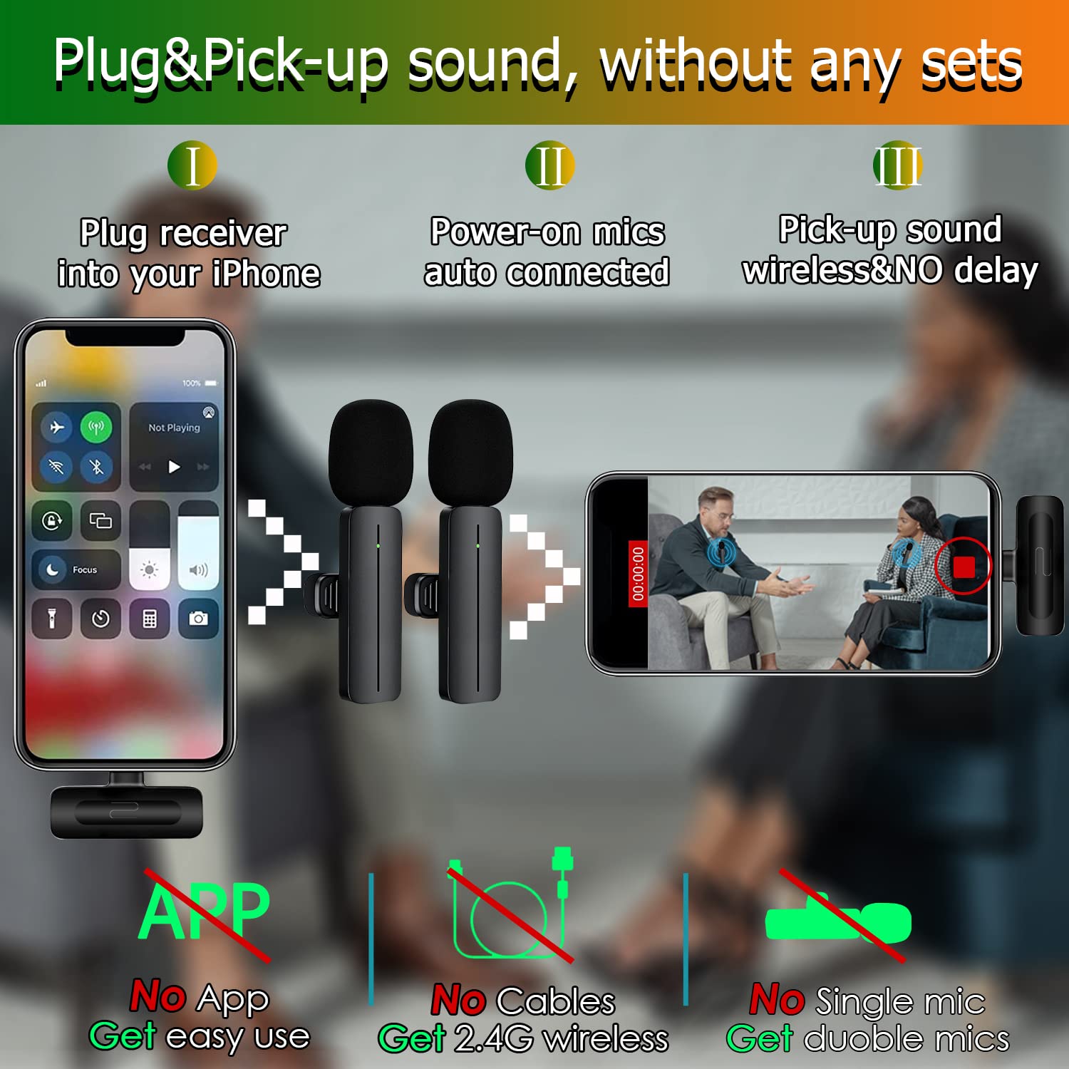 2 Pack Wireless Mini Lavalier Lapel Microphone For Iphone,Ipad   Cordless Double Mics Plug And Pick Up 2.4G Ultra Low Delay Buil