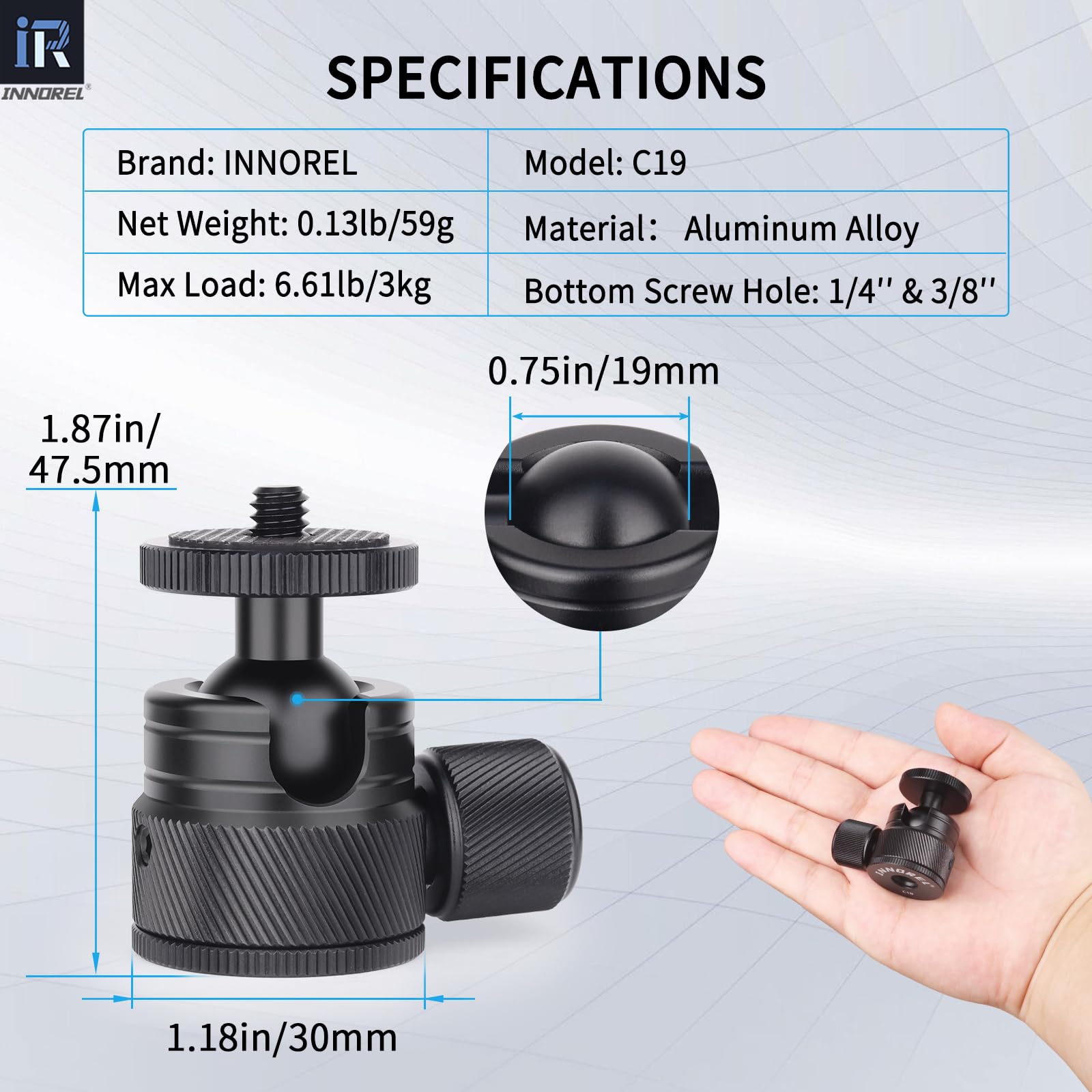 Mini Ball Head Innorel C19 Mount Tripod Head Cnc Metal Low Profile Ballhead 360� Pan 90� Tilt Tripods Mount With 3/8' To 1/4' Adapter Ballheads, Max Load 6.61 Lb/3Kg For Phone/Dlsr Camera/Mini Holder
