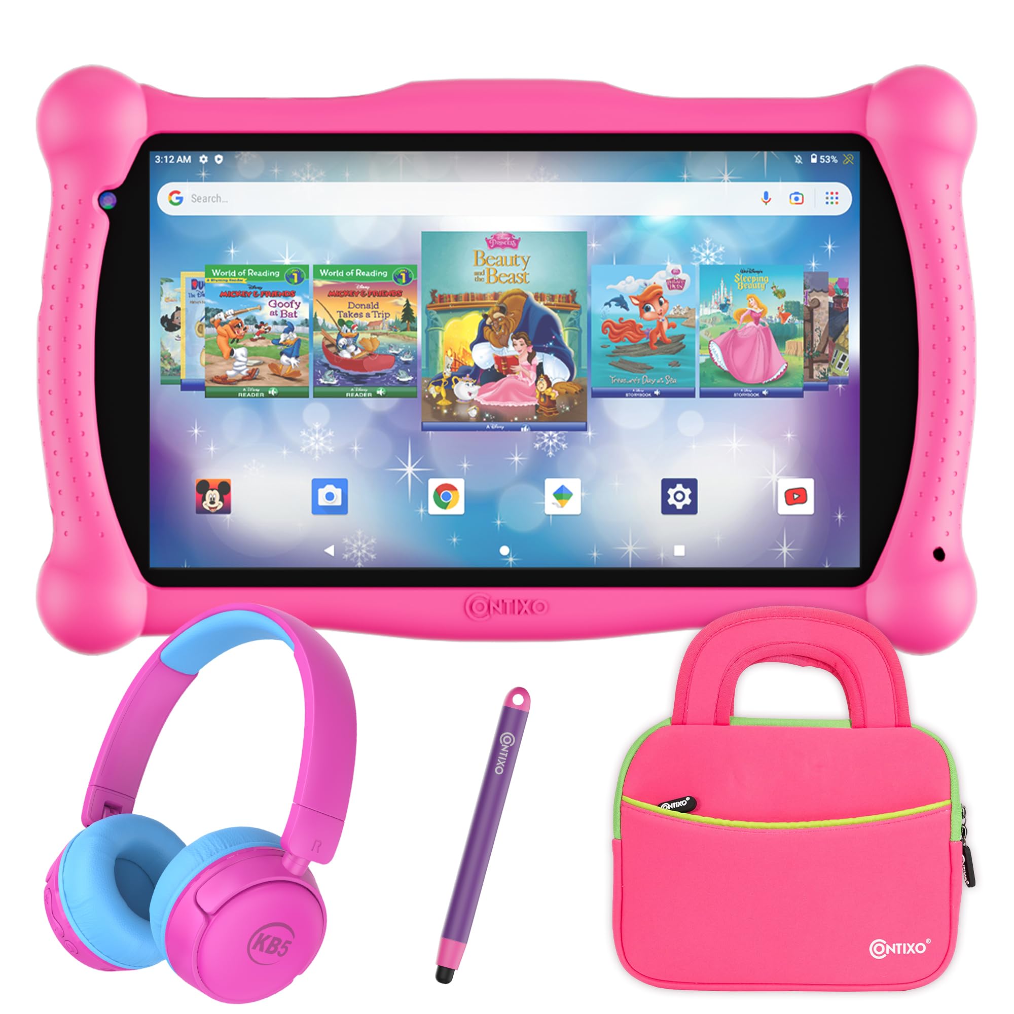 Contixo 7' Disney Kids Learning Tablet Bundle   Wifi, Bluetooth, Headphones, Stylus & Bag, 15 Pre Installed Teacher Approved Apps, Parental Controls, Ideal For Preprimary Education   Pink