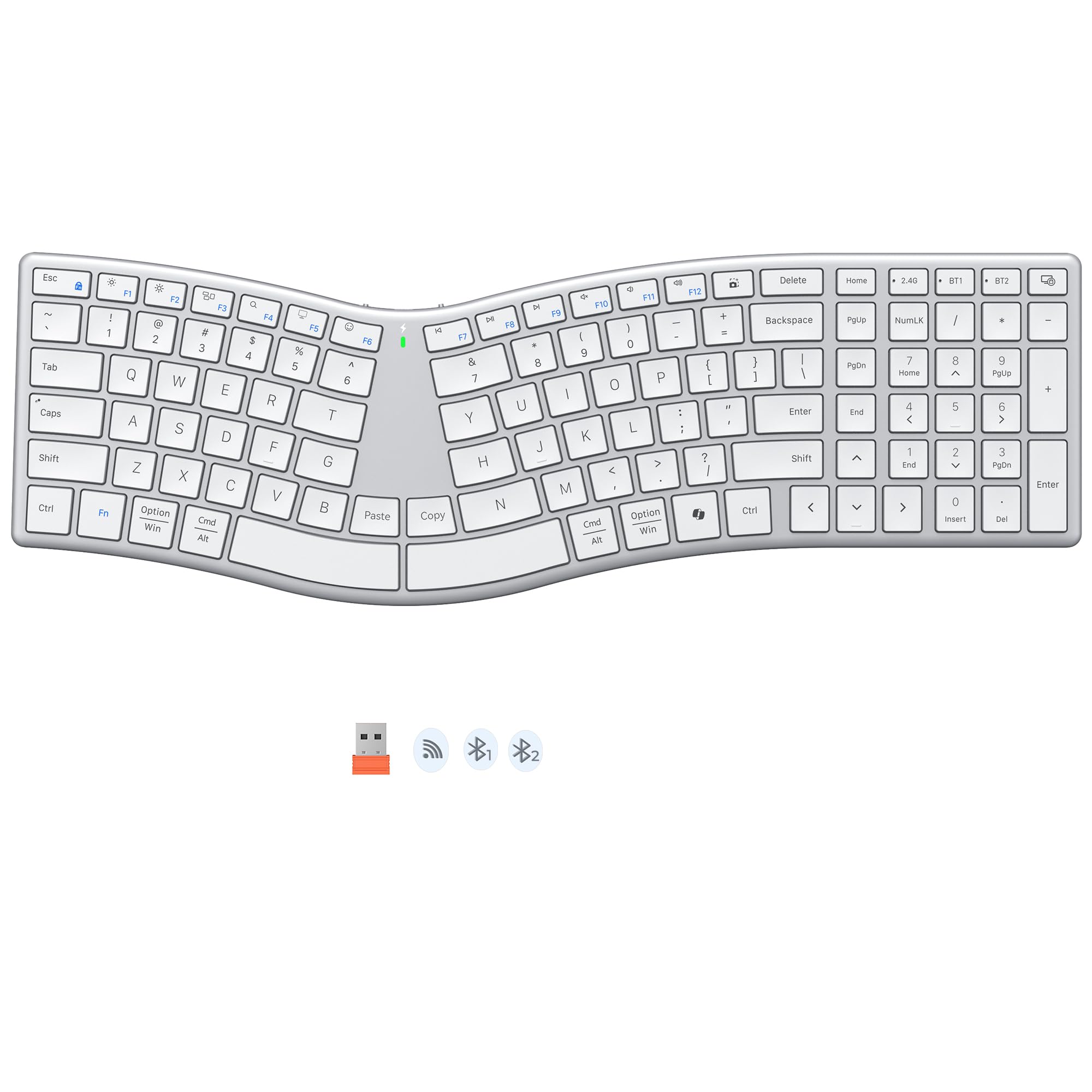 MEETION Wireless Ergonomic Keyboard, Split SCurve, Bluetooth & 2.4G, White