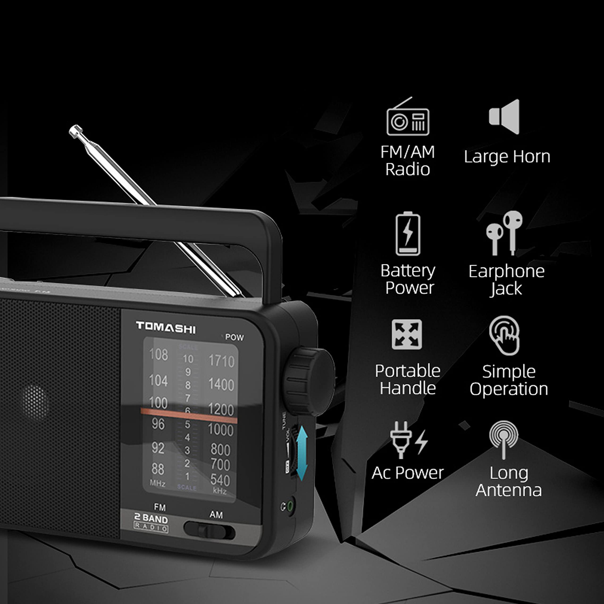 Tomashi Portable Radio Am Fm,Transistor Radio With Best Reception,Large Tuning Knob,Battery Operated By 3 D Cell Batteries Or Ac