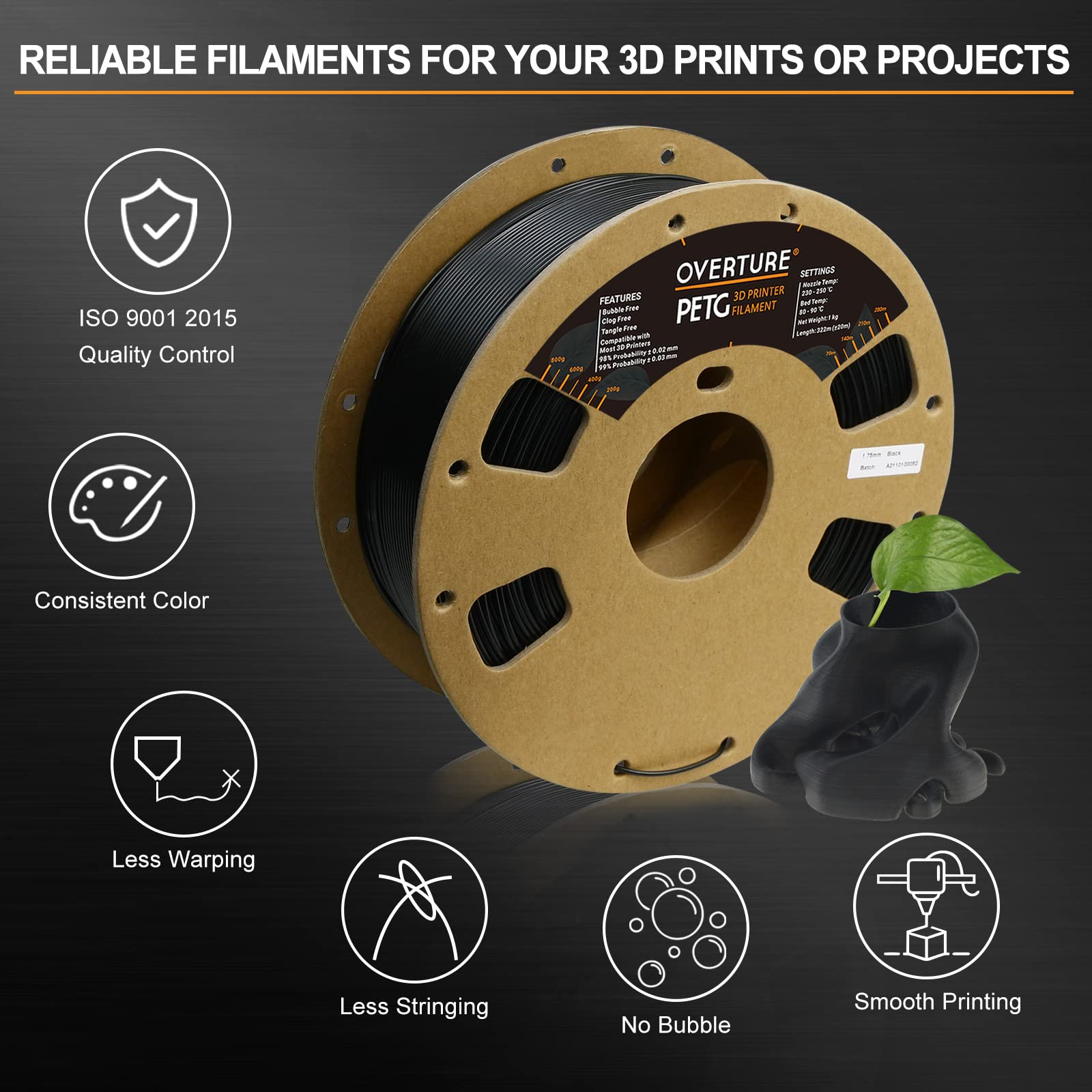 Overture Petg Filament 1.75Mm, 3D Printer Filament, 1Kg Filament (2.2Lbs), Dimensional Accuracy 99% Probability +/  0.03 Mm, Fit