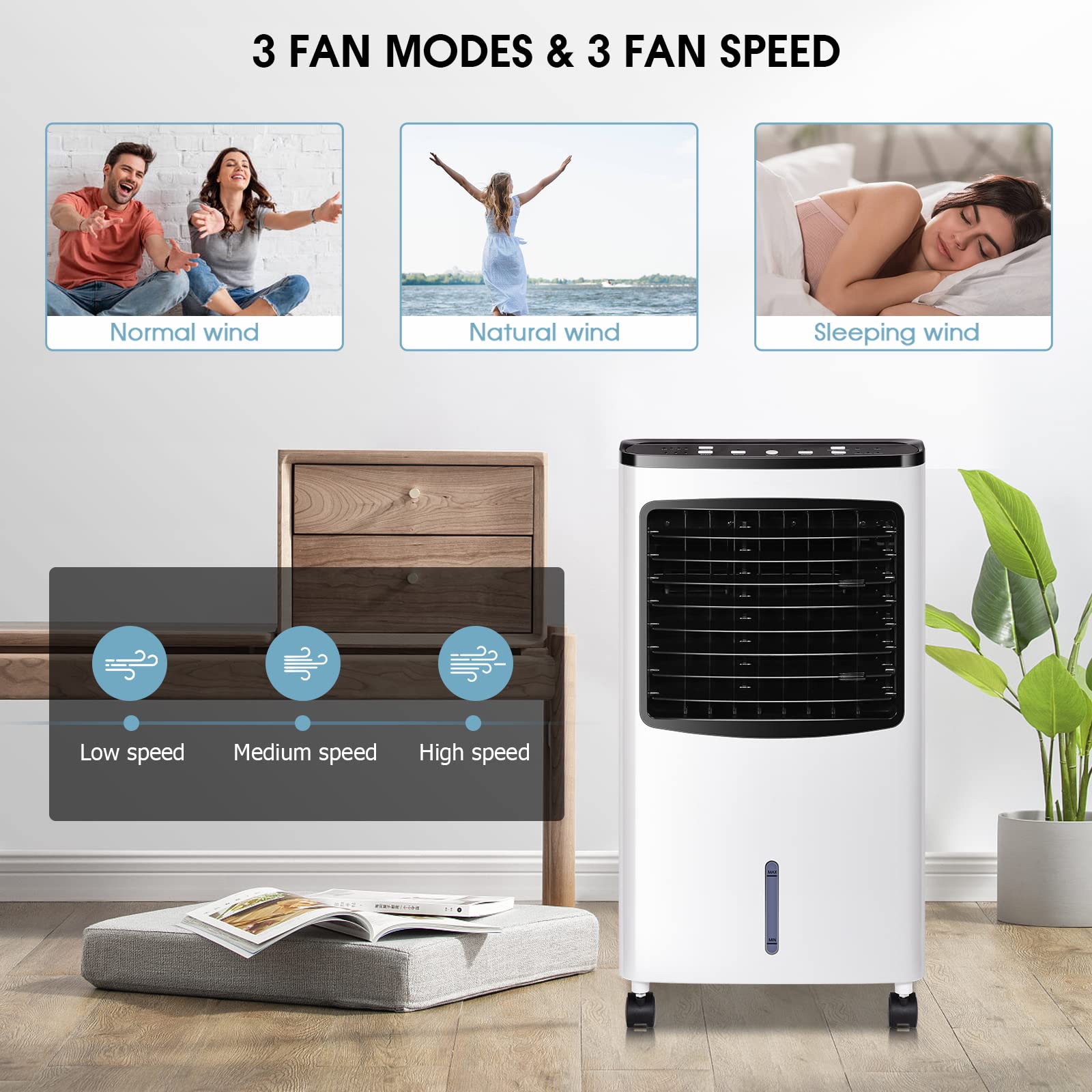 Petsite Portable Evaporative Air Cooler, 3 In 1 Oscillation Cooling Fan With Remote Control, 2 Ice Packs, Humidifying, 3 Speeds,