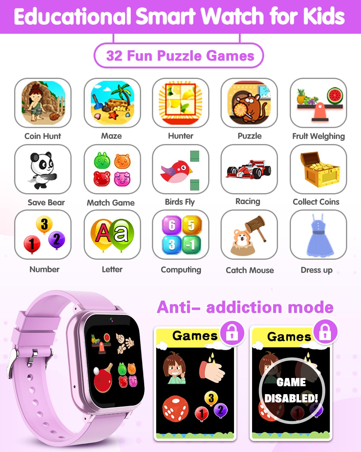 Kids Smart Watch Girls Gifts Age 3-12, Waterproof Watch For Kids With 32 Games, Dual Camera, Touch Screen, Alarm Clock, Music Pl