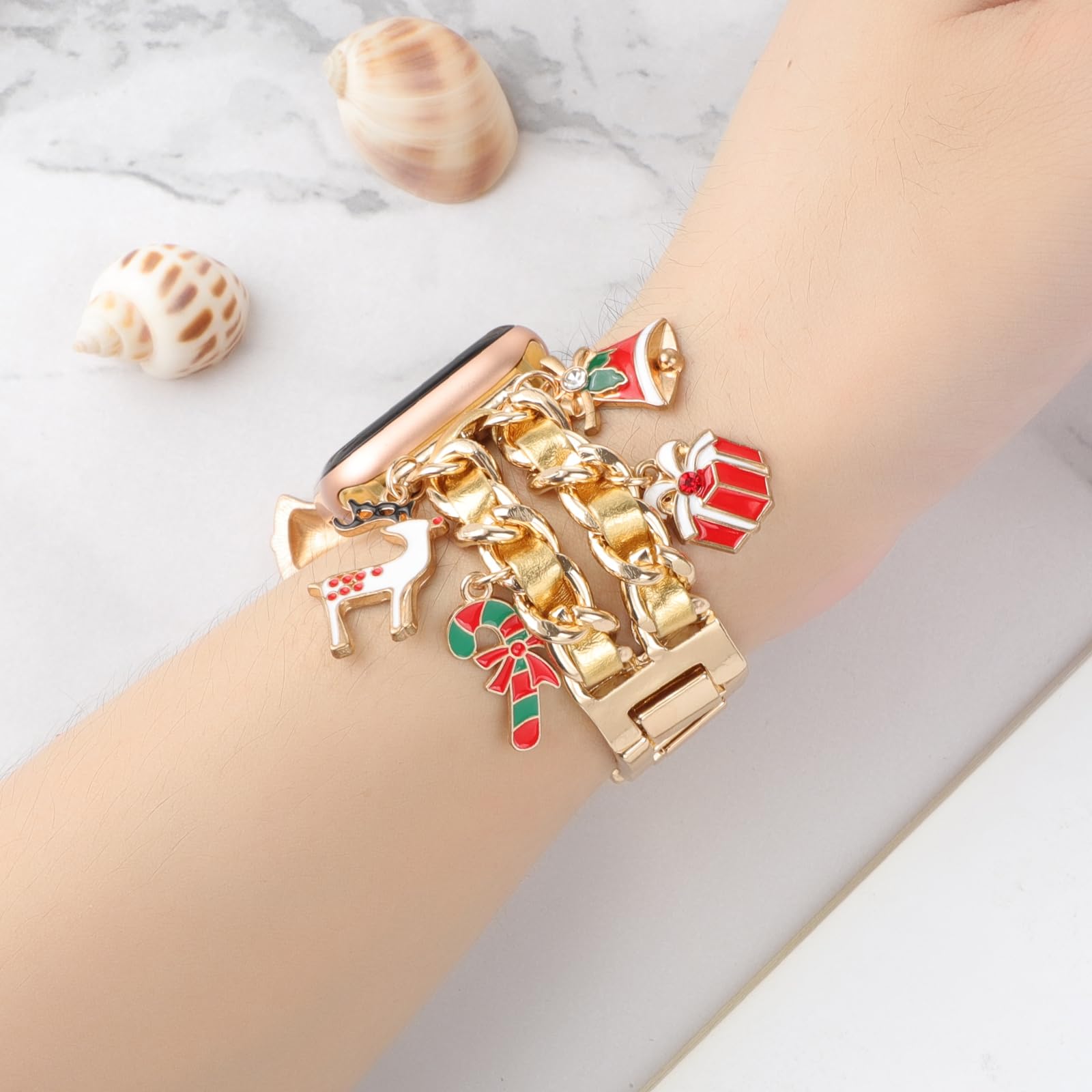 Realsign Stylish Metal Wristband Compatible With Apple Watch Band 38Mm 40Mm 41Mm,Cuban Chain With Christmas Elk Bell Cute Pendan