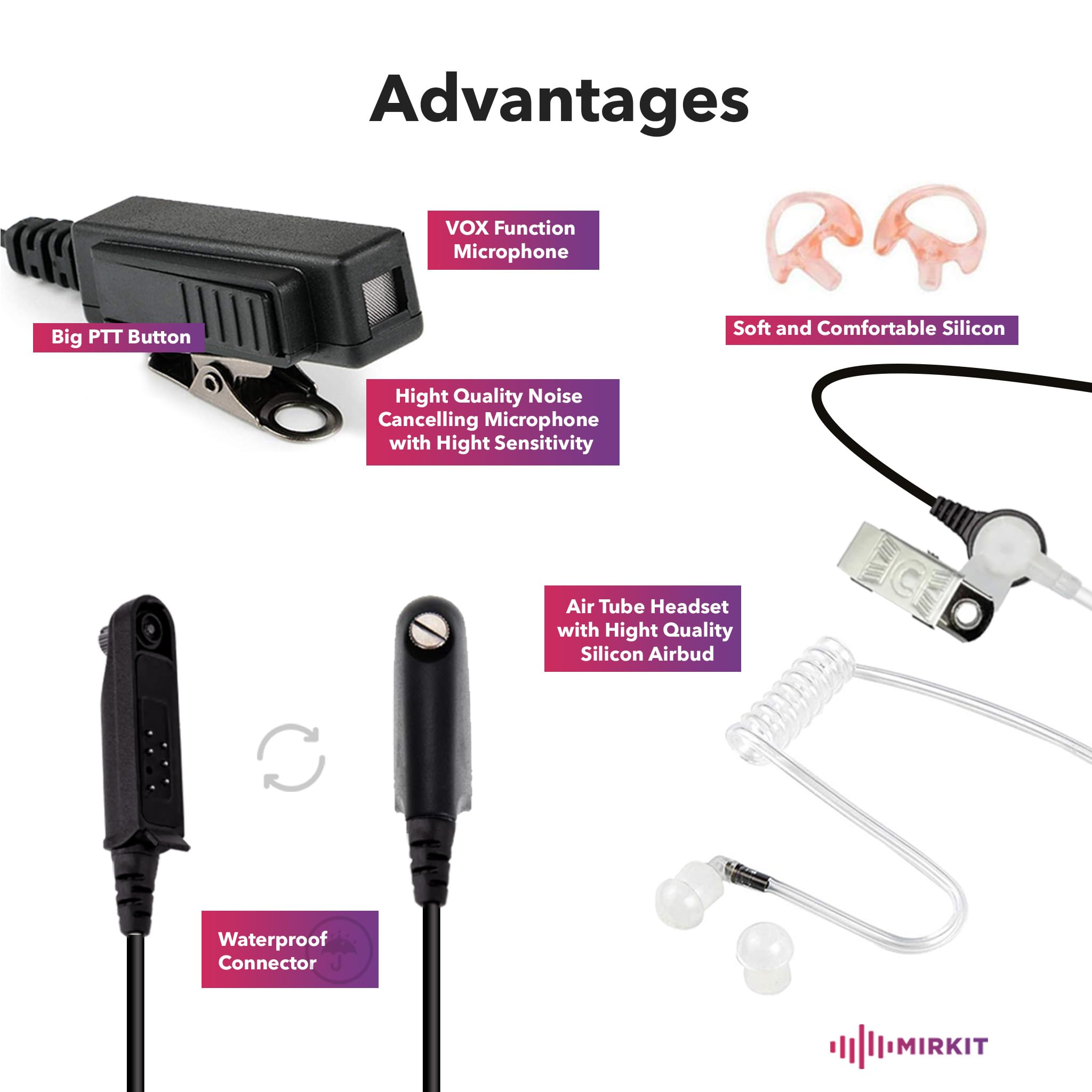 Mirkit Earpiece Headset, Covert Acoustic Tube Radio Earpiece With Mic For Two Way Radios With Reinforced Cable, Compatible With: Baofeng Uv 9R Plus, Bf 9700, A 58, Uv Xr, Uv 5S, Gt 3 Wp