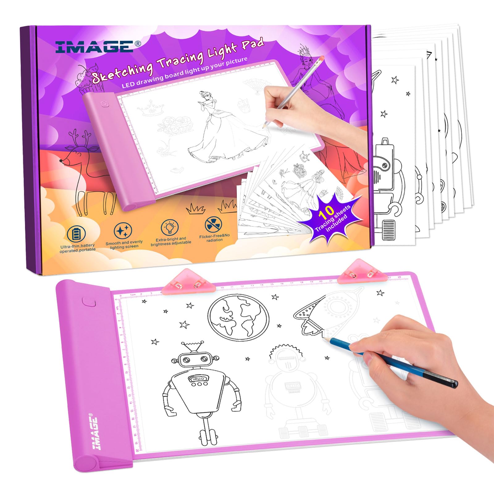IMAGE Light Up Tracing Pad Pink Drawing Tablet Coloring Board for Kids Children to for Girls Boy (Includes 10 Traceable Sheets a