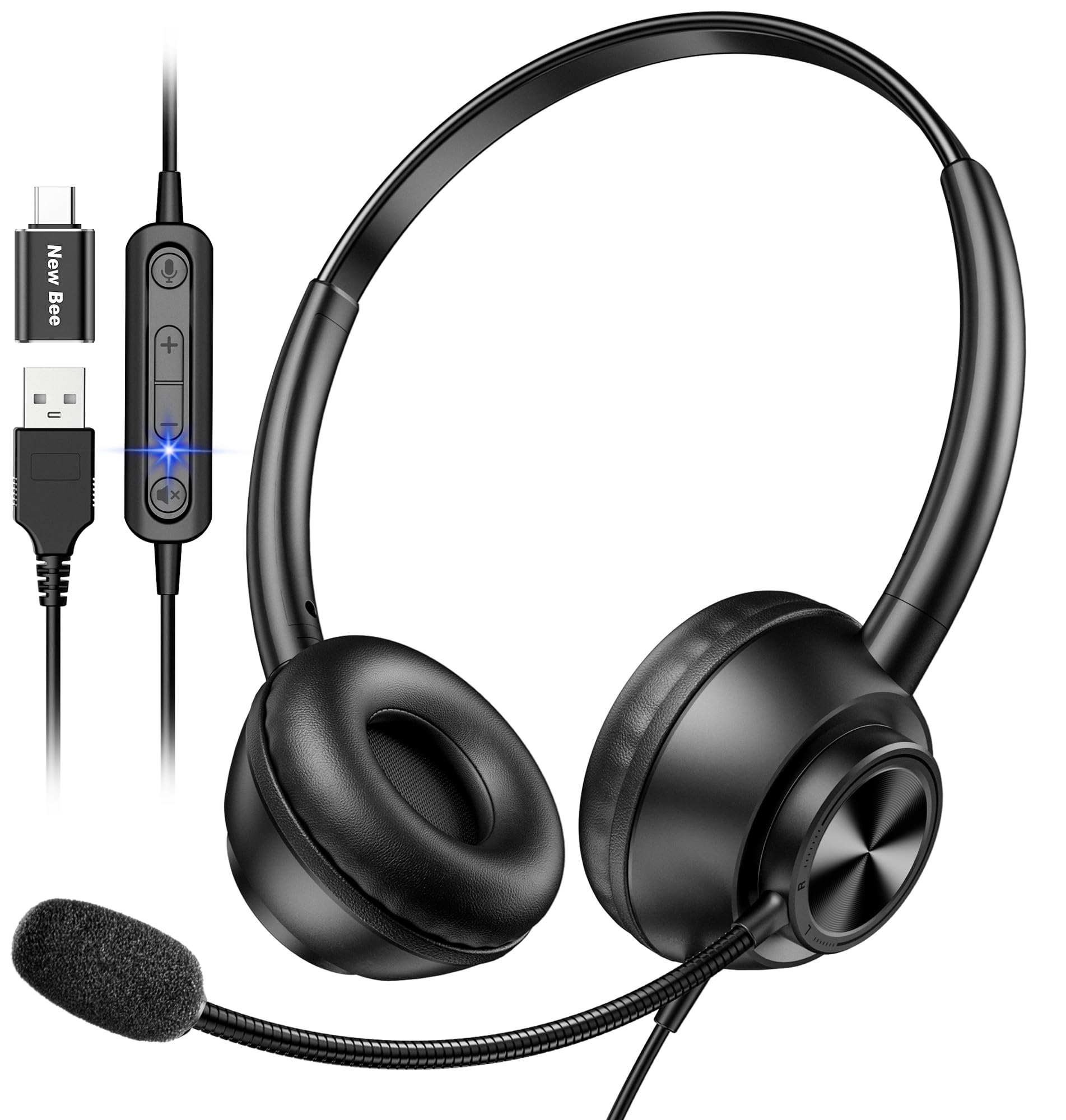 Usb Headset With Microphone For Pc, Computer Headset With Mic, Wired Headset With Usb A & Usb C, Mute, In Line Controls Call Center Headset For Work Pc Laptop Office Phone Meeting Zoom Skype
