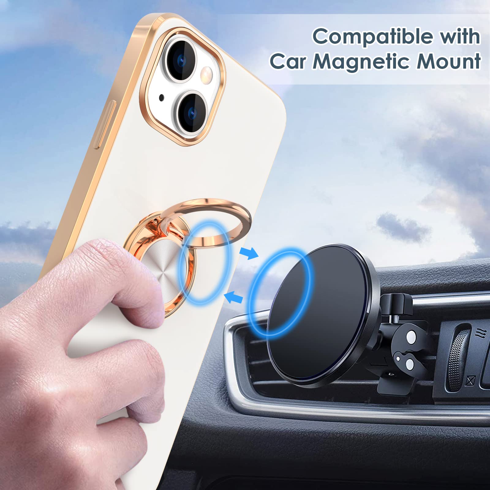 Hython For Iphone 14 Case With Ring Stand [360 Rotatable Ring Holder Magnetic Kickstand] [Support Car Mount] Plated Rose Gold Ed
