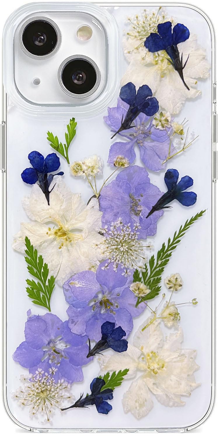 Abbery for iPhone 14 Plus/15 Plus Case Clear with Pressed Flower Design Cute Soft TPU Real Dried White Blue Floral Aesthetic Pro