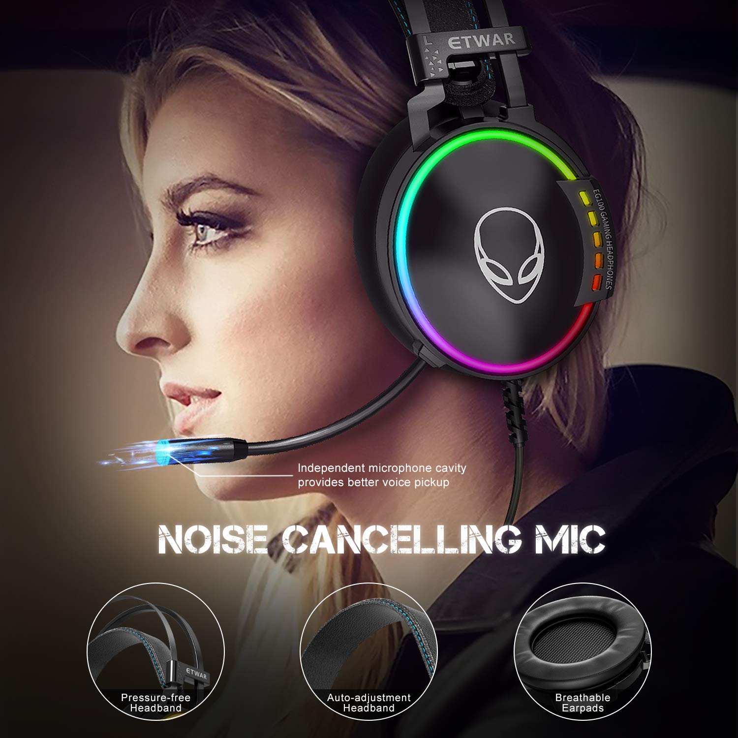 Etwar Usb Gaming Headset For Pc   7.1 Surround Sound Headphones With Noise Cancelling Microphone  Rgb Lights Headphones For Lapt