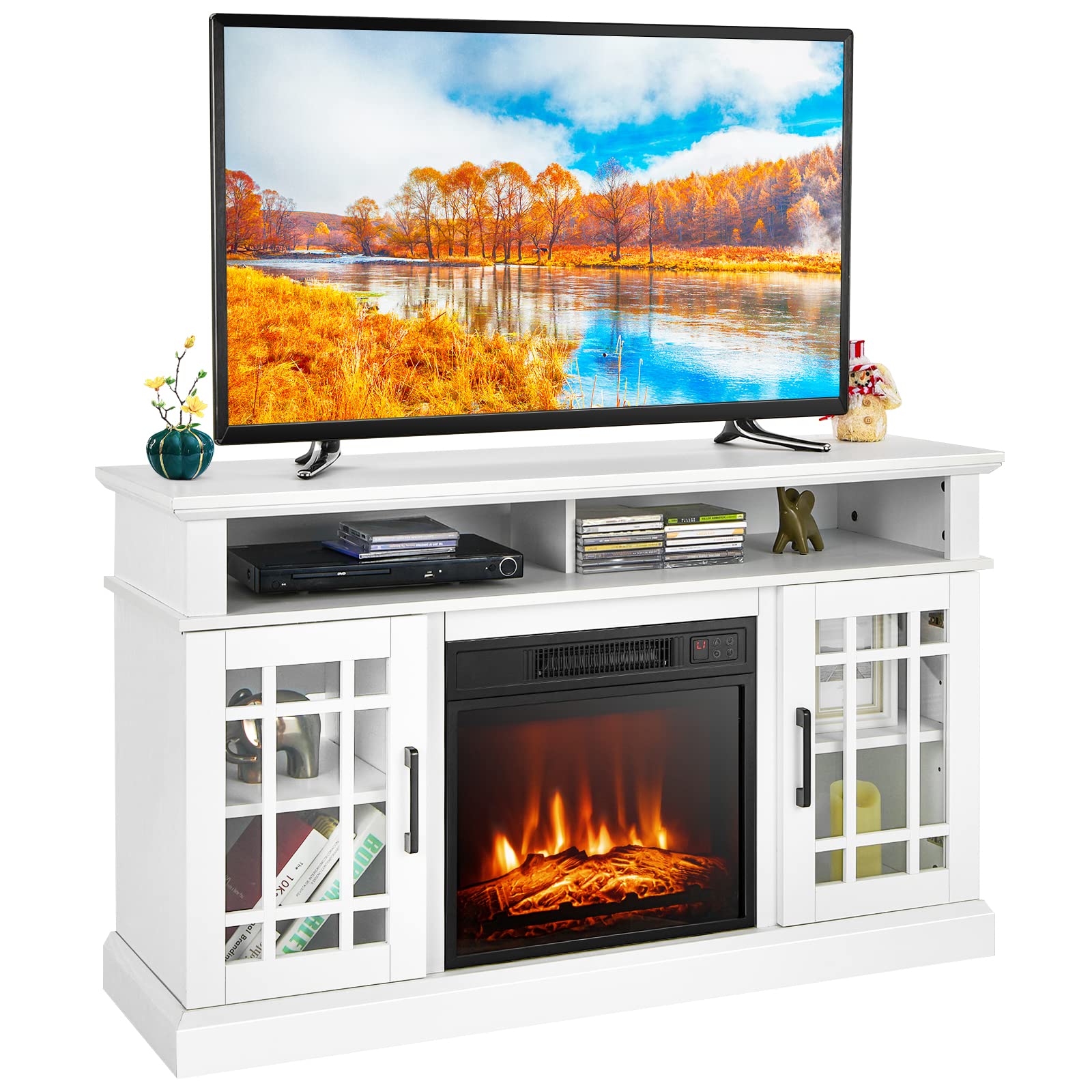 Tangkula Electric Fireplace Tv Stand For Tvs Up To 50 Inch, Fireplace Entertainment Center With Two Side Cabinets & Adjustable S